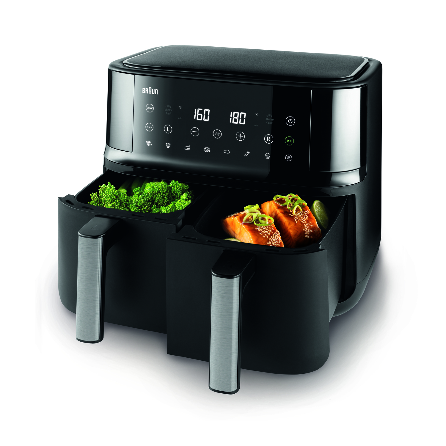 Zwarte Braun airfryer met twee compartimenten. Eén heeft broccoli, de andere zalm. Digitaal display toont 160 en 180.
