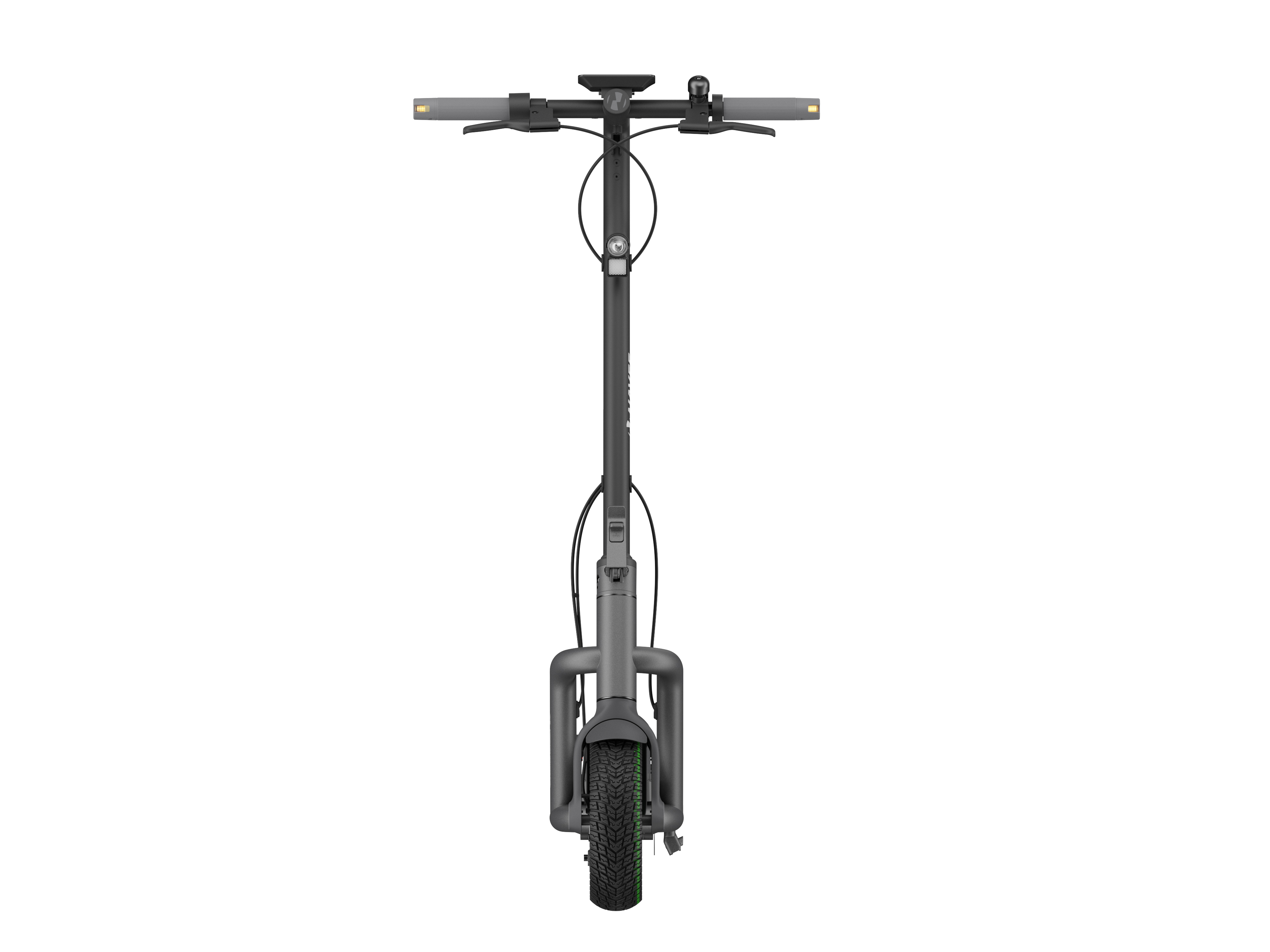 Gri bir elektrikli scooter'ın beyaz zemin üzerinde, gidon ve tek bir ön tekerleği ile önden görünümü.