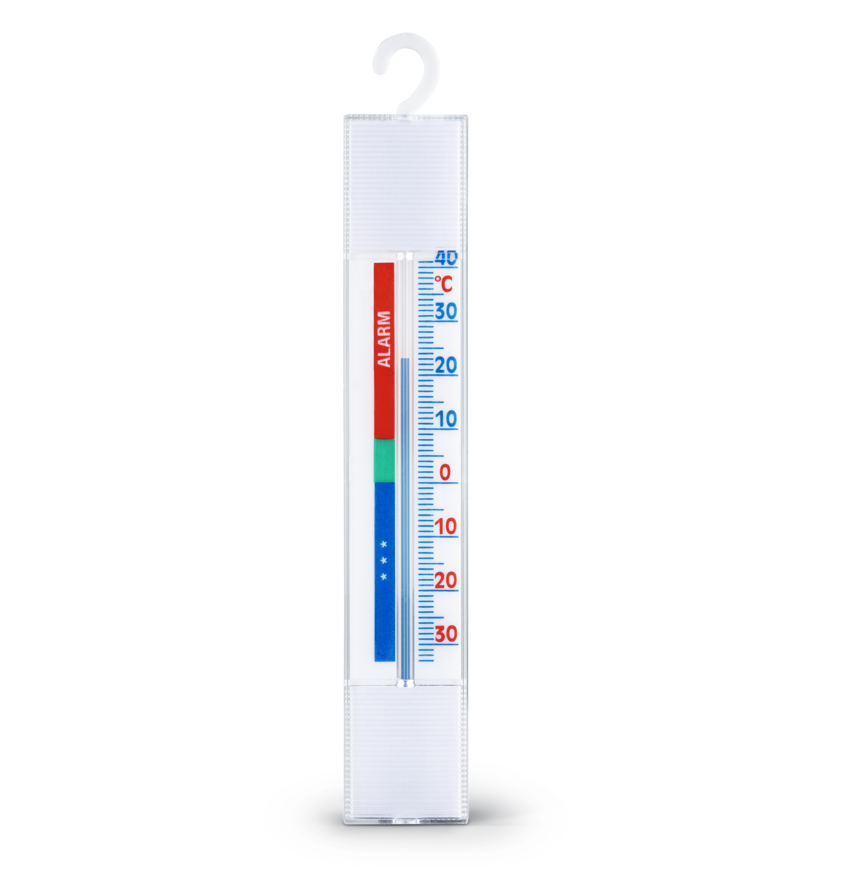Thermometer mit roten und blauen Markierungen auf Weiß.