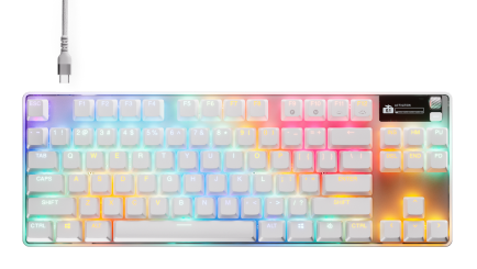 Biała klawiatura mechaniczna z tęczowymi klawiszami. Kabel USB podłączony u góry. Czarne tło.