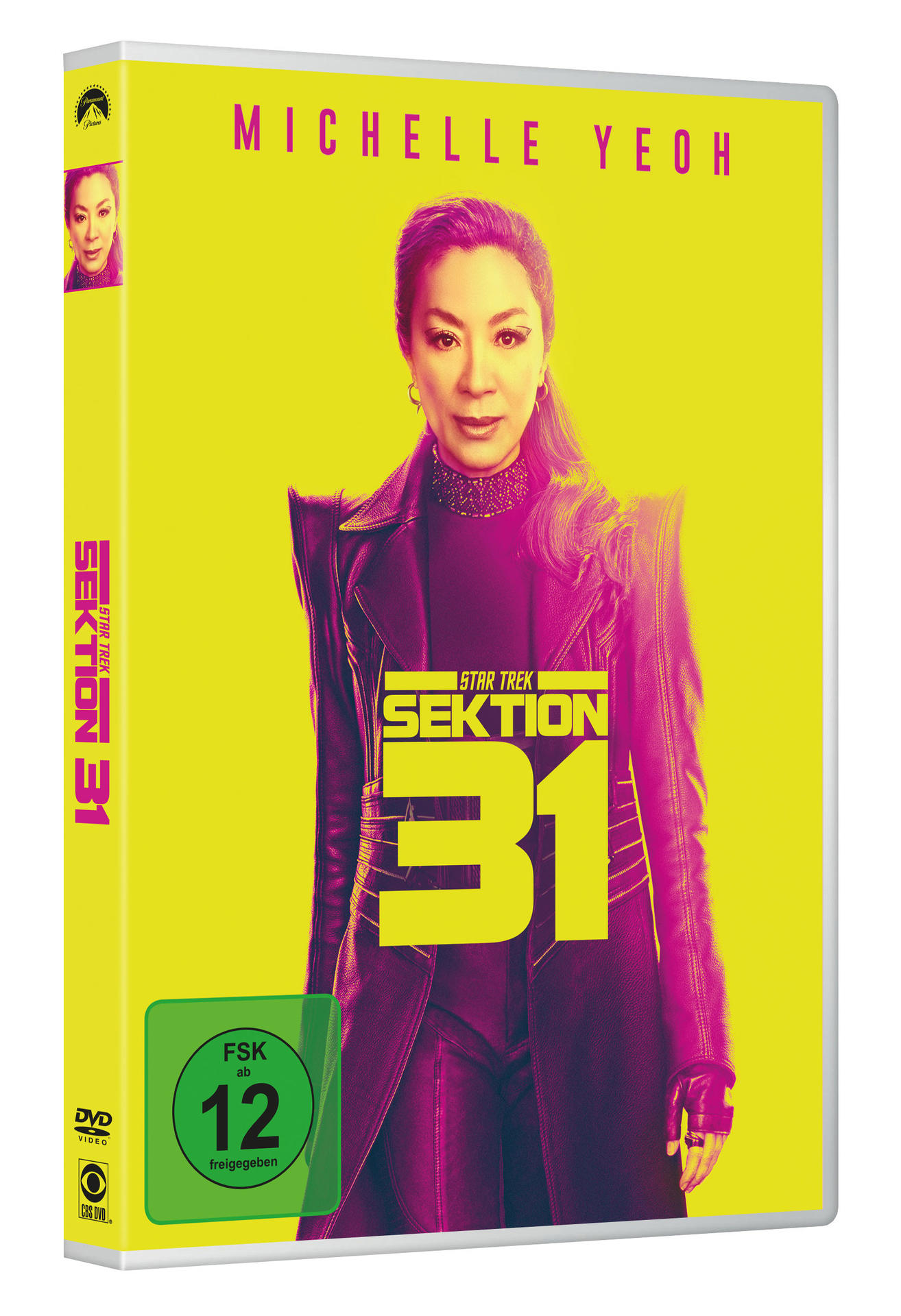 DVD-Cover mit Michelle Yeoh für Star Trek: Sektion 31. Ein gelber Hintergrund mit dem Titel.