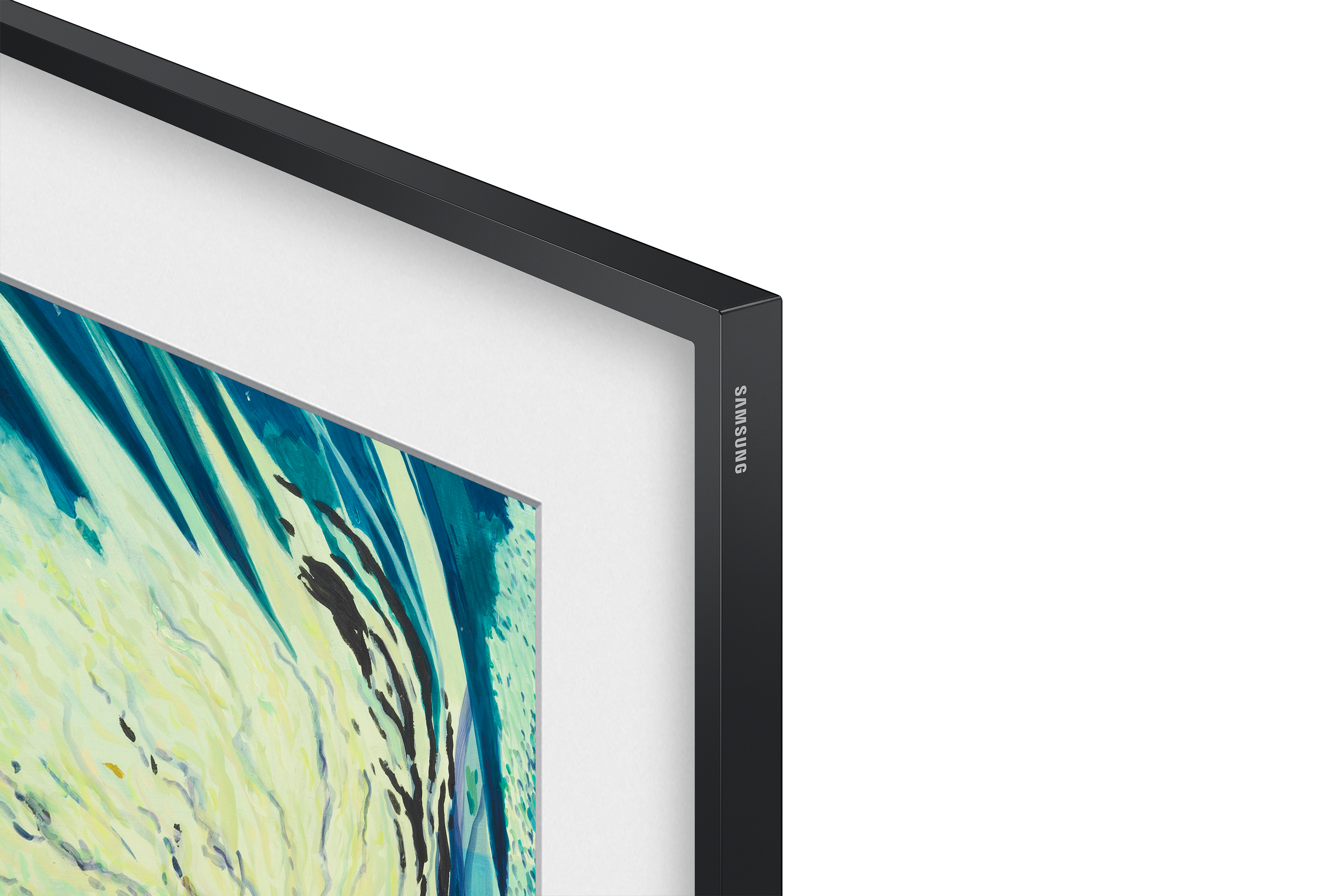 Seitenansicht eines schwarzen Samsung-Fernsehers, mit weißem Hintergrund.