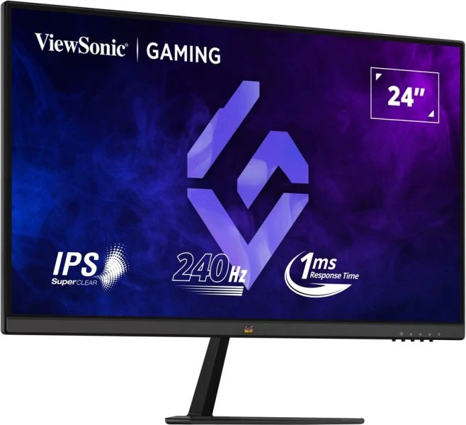 Mavi ve mor bir arka planı olan siyah bir ViewSonic oyun monitörü.