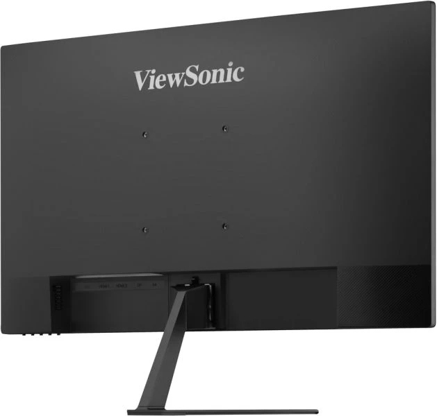 Siyah bir ViewSonic monitörün arkası. Stand siyah ve açılıdır. Portlar görünür. Üstte ViewSonic logosu.