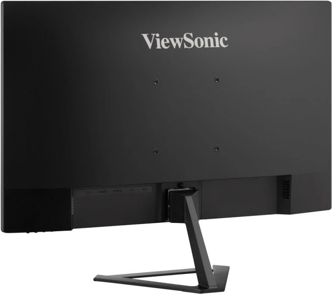Siyah bir ViewSonic monitörün arkadan görünümü, standlı. Monitörde bağlantı noktaları ve üstte ViewSonic logosu var.