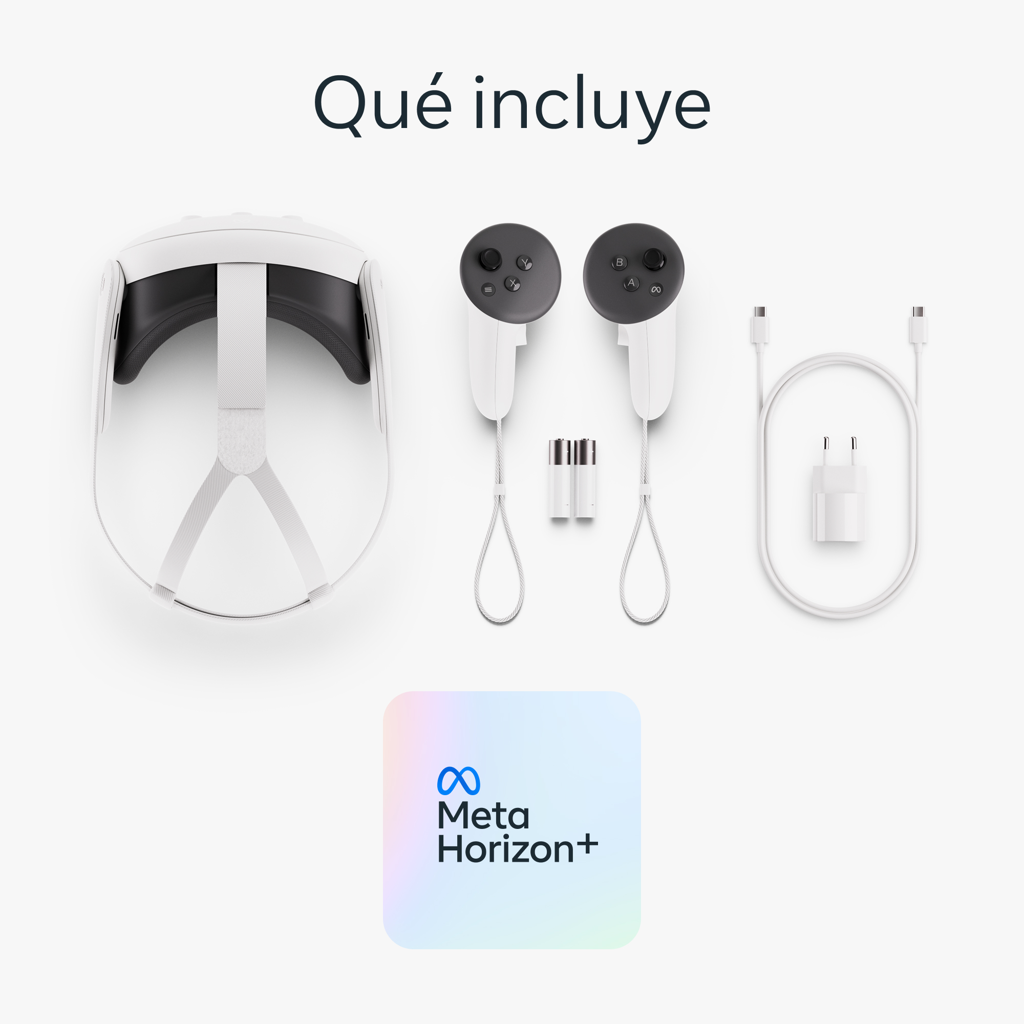 Casco VR, mandos, cable de carga y adaptador de corriente. Texto: ¿Qué incluye?