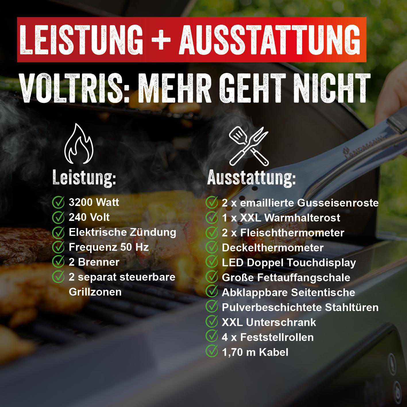 LANDMANN Elektro-Grillwagen EG-II-591 – 3200W Standgrill Mit 2 Fleischthermometern & Deckelthermometer – Grillfläche 59x40,5 Cm – Ohne Gas & Kohle – Schwarz