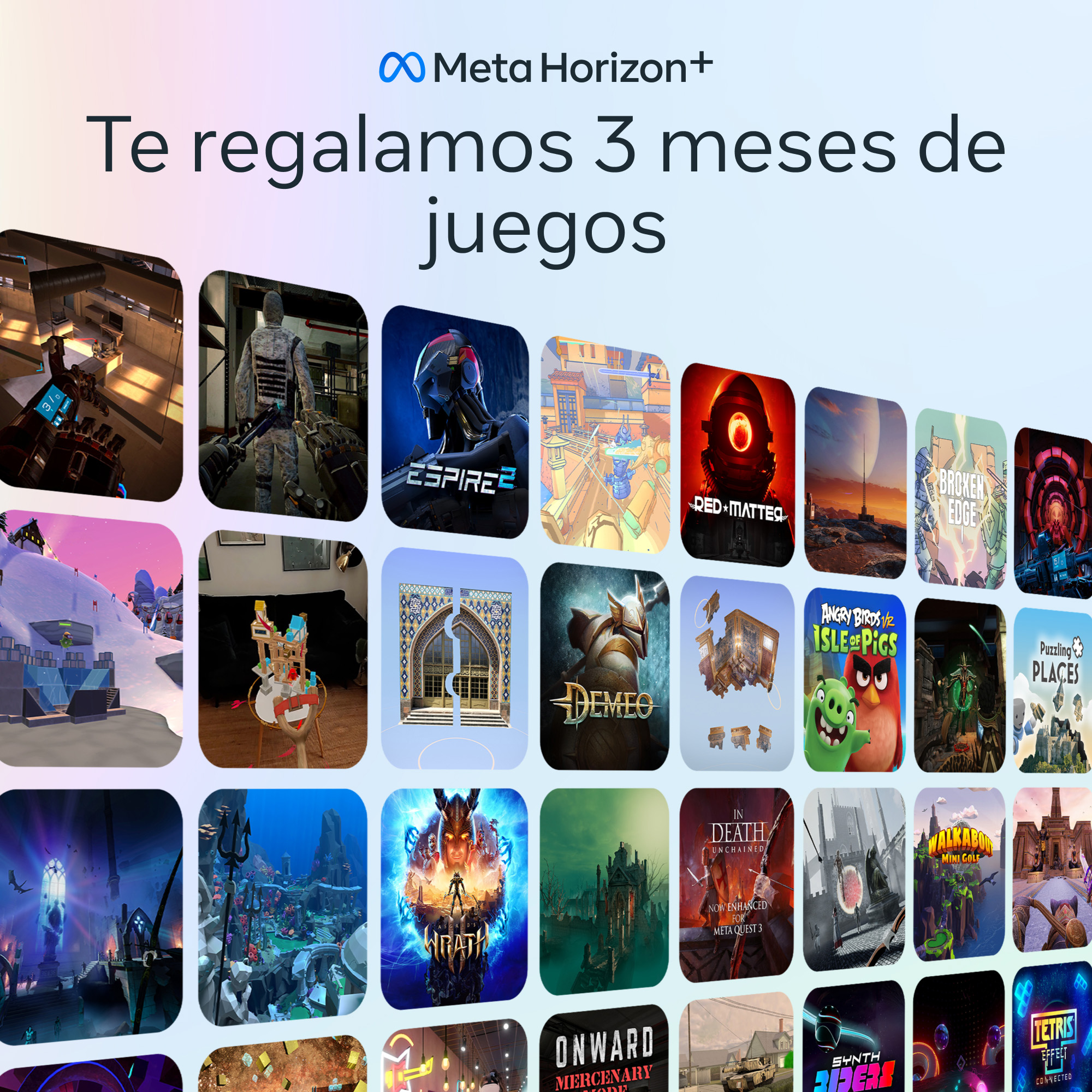 Imagen con iconos de juegos y texto en español para la oferta de Meta Horizon+.
