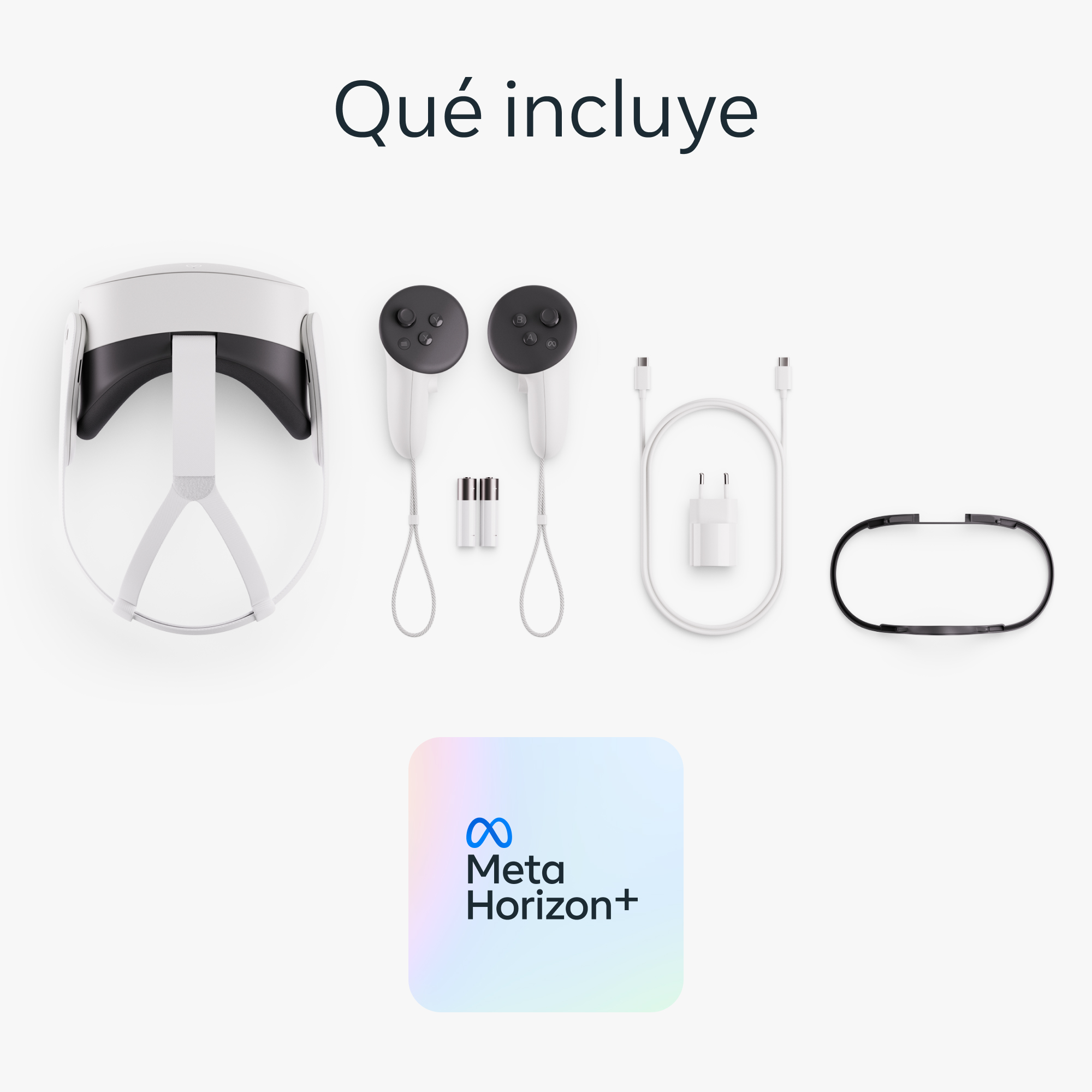 Un casco VR, controladores, cable de carga y un logo de Meta Horizon+ sobre blanco.