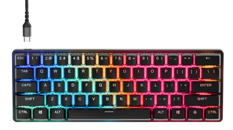 Mała klawiatura z tęczowymi światłami. Ma podłączony kabel USB-C. Klawiatura jest czarna.