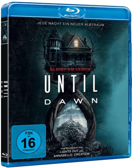 Blu-ray-Disc-Cover für 'Until Dawn', ein Horrorspiel, mit einer Illustration eines Geisterhauses.