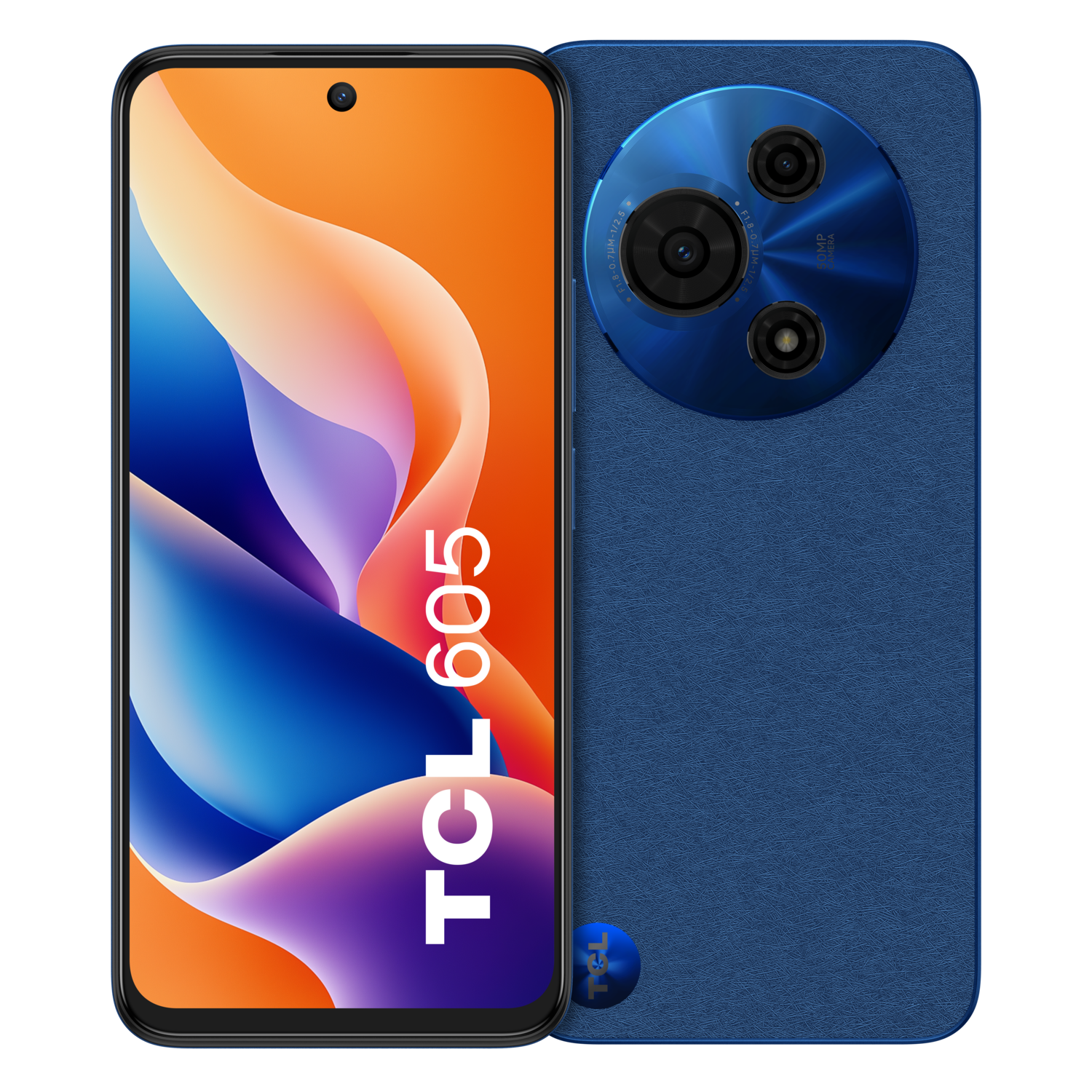 Blauwe telefoon met een kenmerkende cameramodule, oranje en blauwe achtergrond.