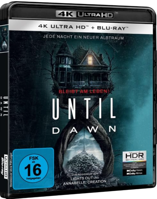 4K Ultra HD Blu-ray Cover von 'Until Dawn' mit Illustration eines Geisterhauses.