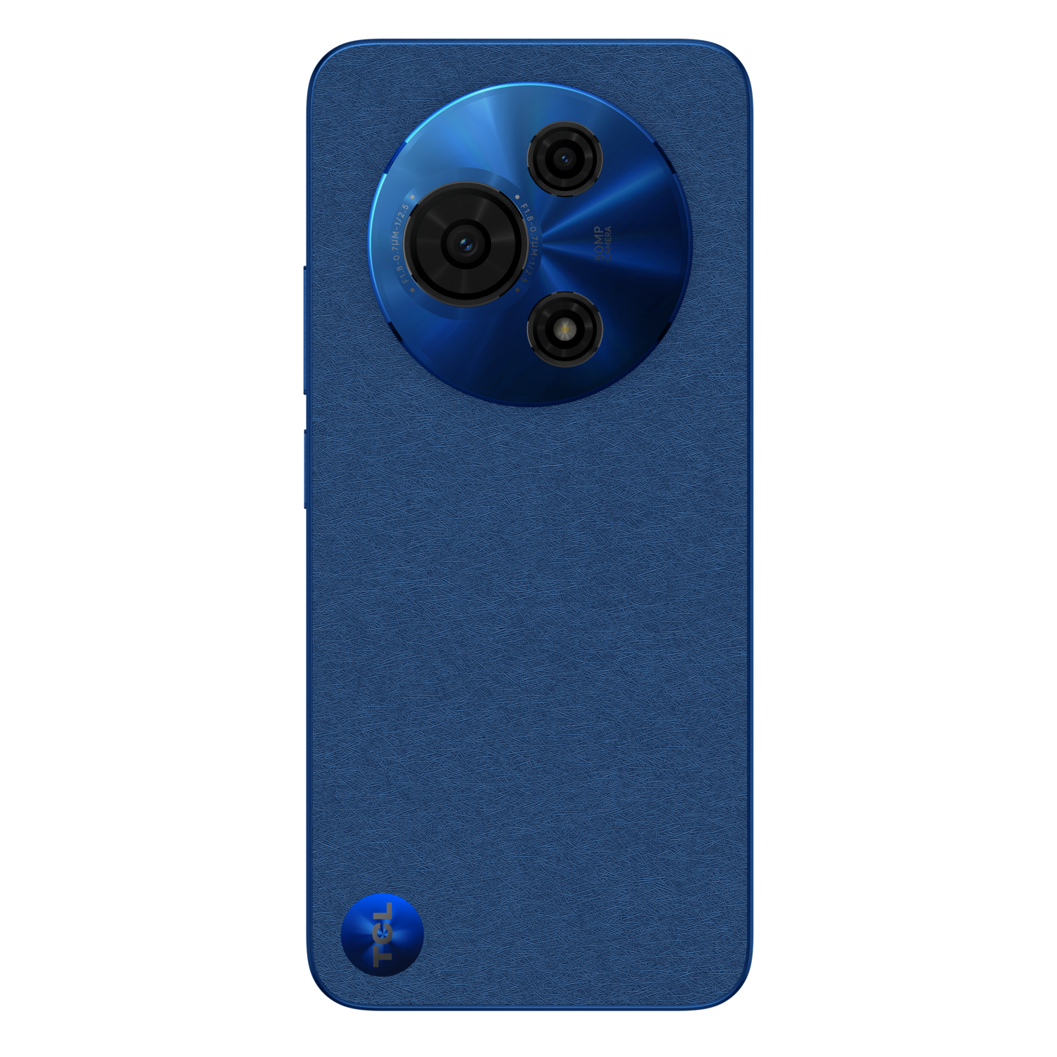 Achterkant van een blauwe smartphone met een cirkelvormige cameramodule. De oppervlakte is getextureerd.