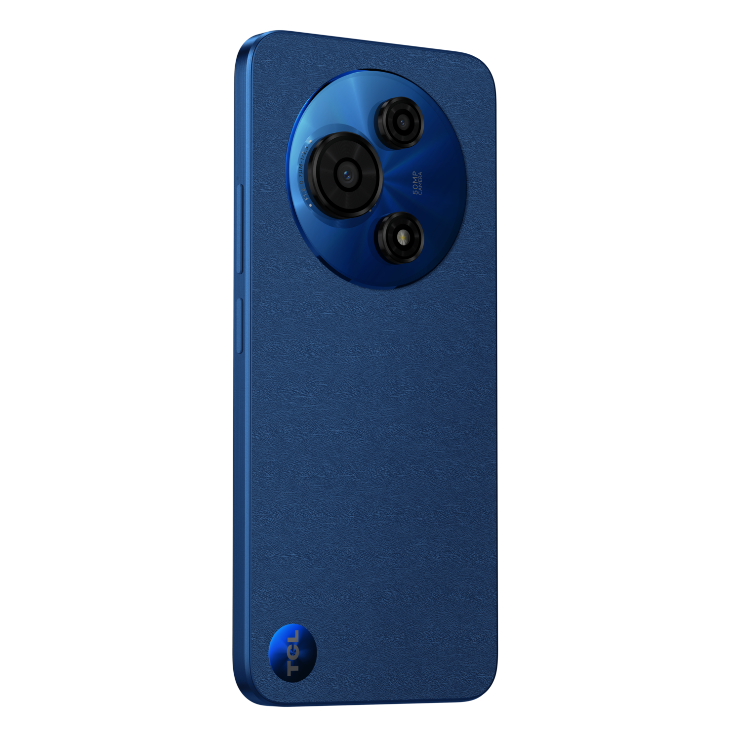 Schuine weergave van de achterkant van een blauwe smartphone met een cirkelvormige cameramodule. Getextureerd oppervlak.