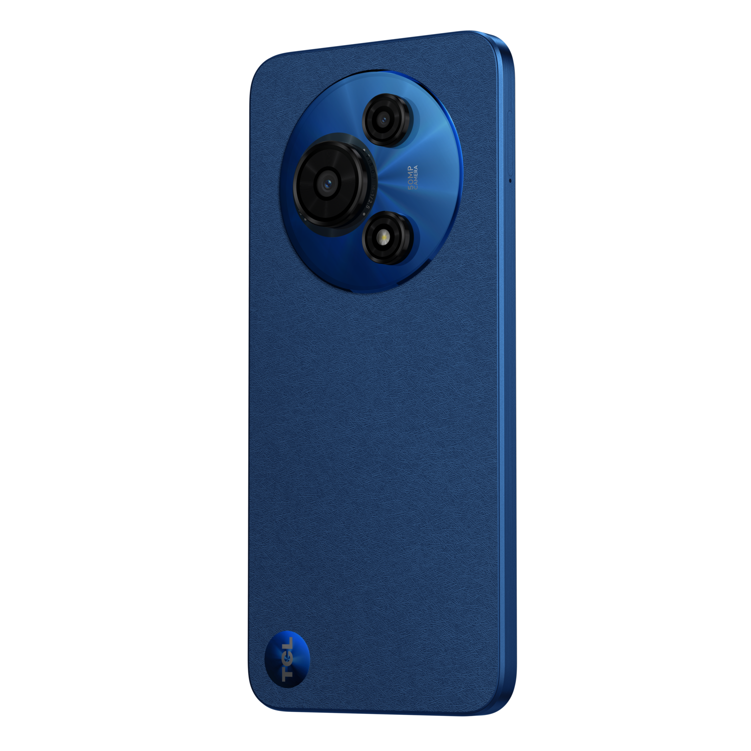 Zijaanzicht van de achterkant van een blauwe smartphone met een cirkelvormige cameramodule. Getextureerd oppervlak.