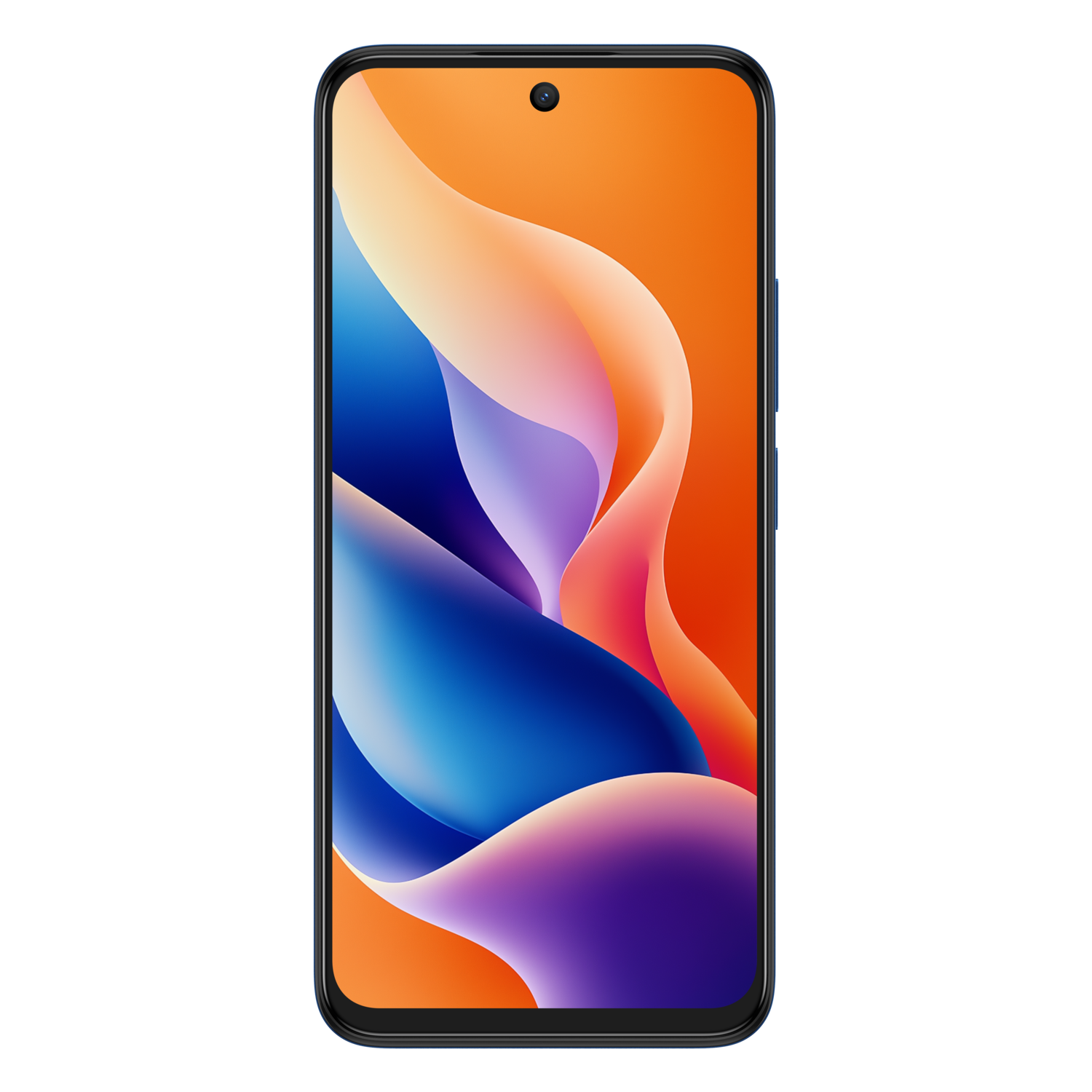 Display van smartphone met abstracte oranje en blauwe vormen tegen een zwarte achtergrond.