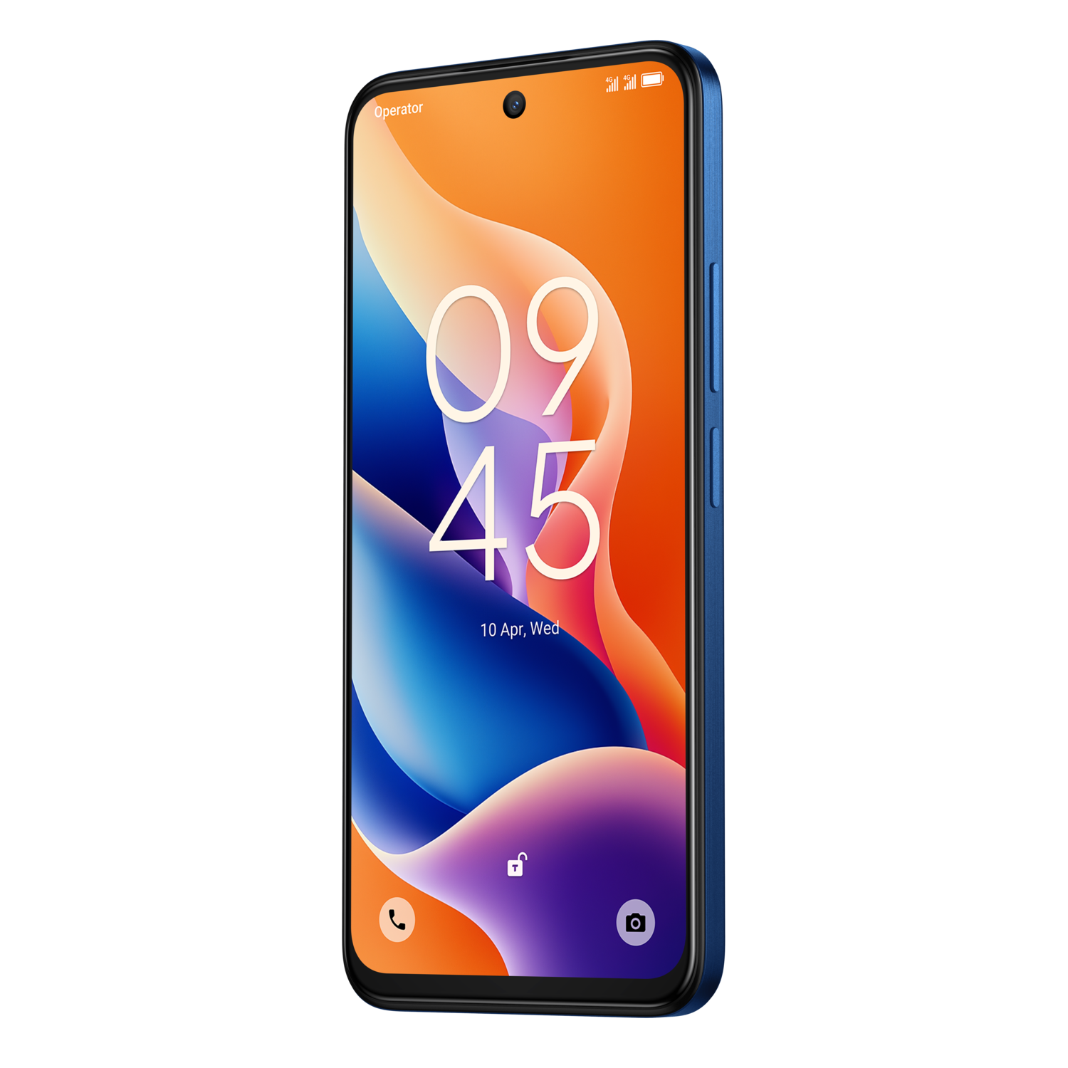 Blauwe telefoon met scherm met tijd, datum en kleurrijke achtergrond. Zwarte achtergrond.
