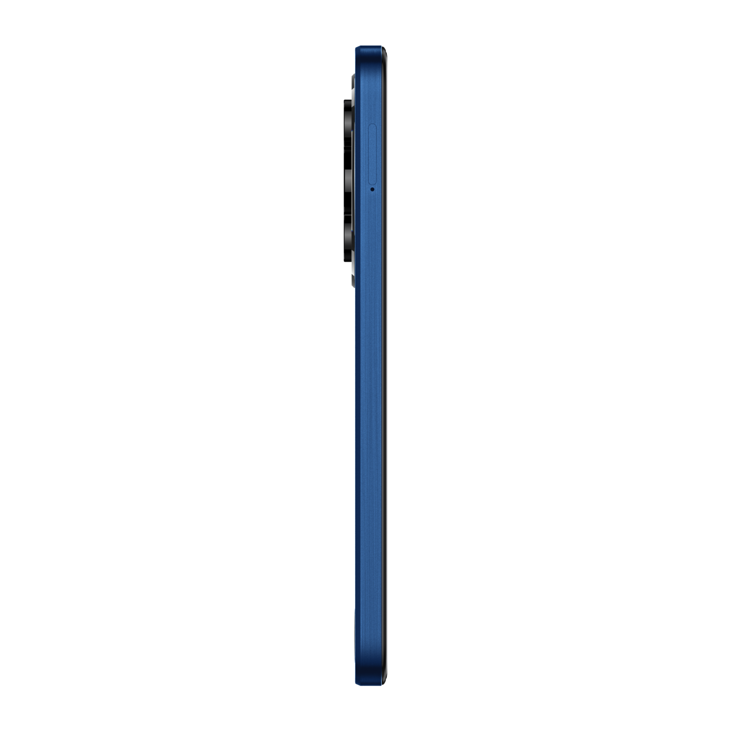 De zijaanzicht van een blauwe telefoon. De achtergrond is zwart.