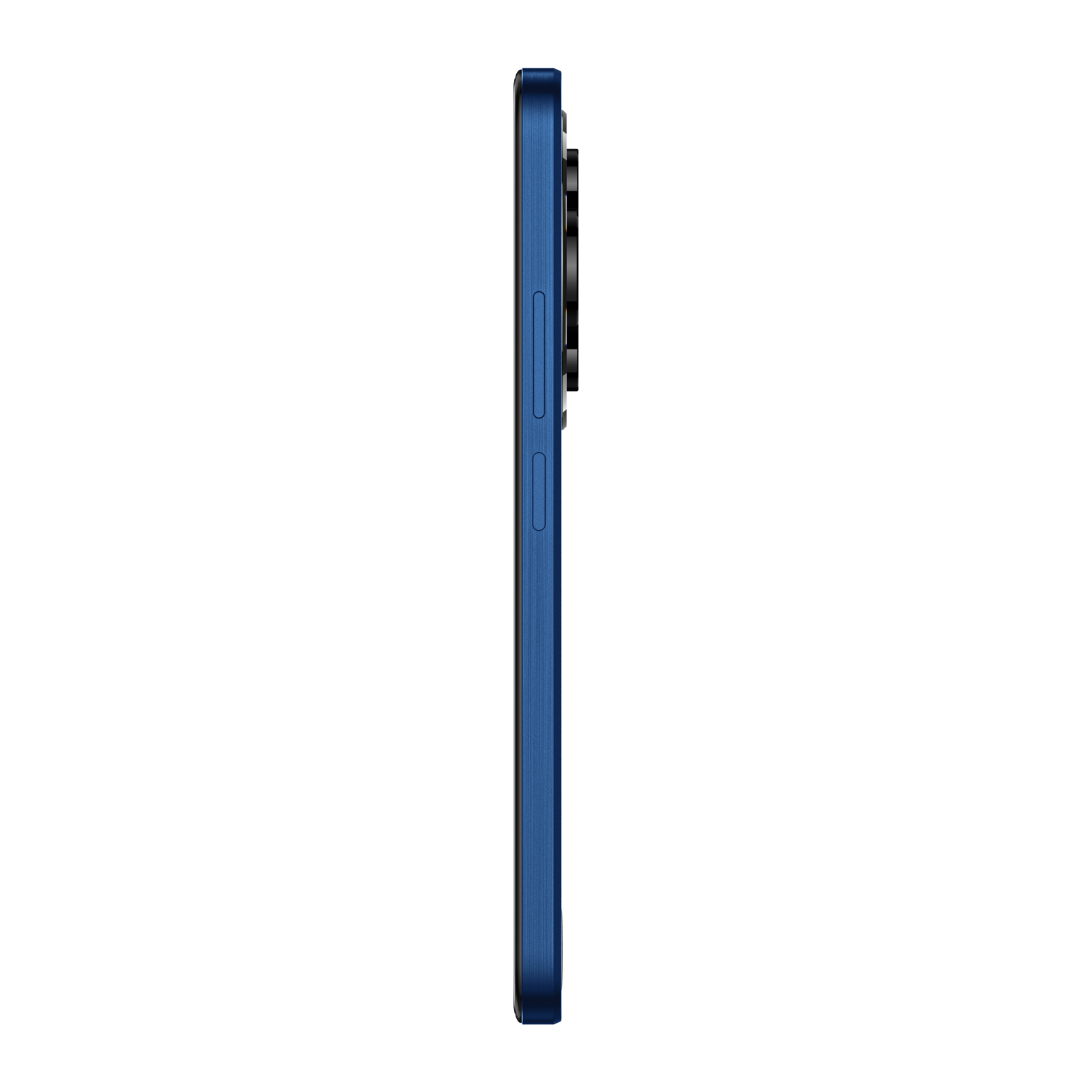 Zijaanzicht van een blauwe telefoon op een zwarte achtergrond.