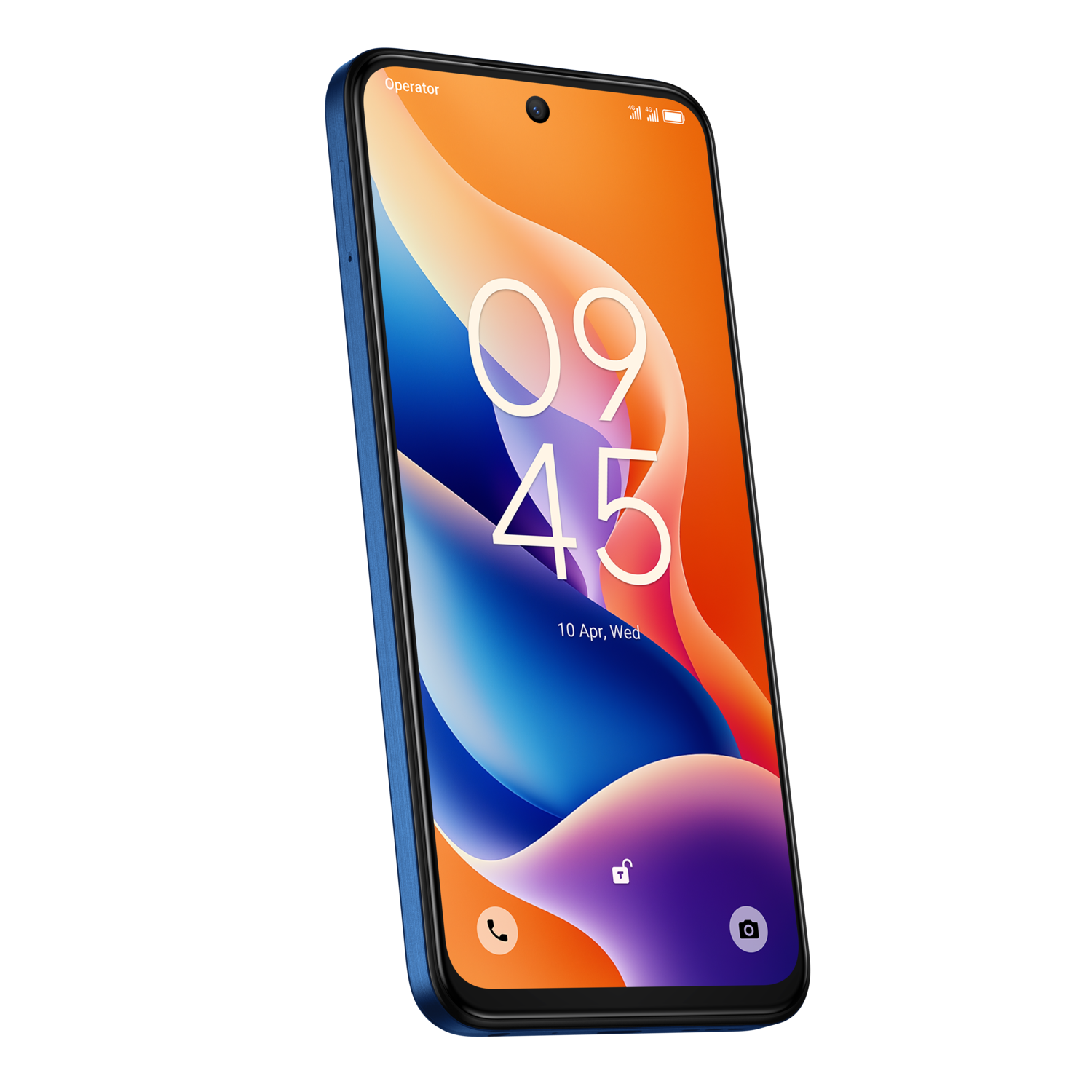 Blauwe telefoon met scherm met tijd, datum en kleurrijke achtergrond. Zwarte achtergrond.