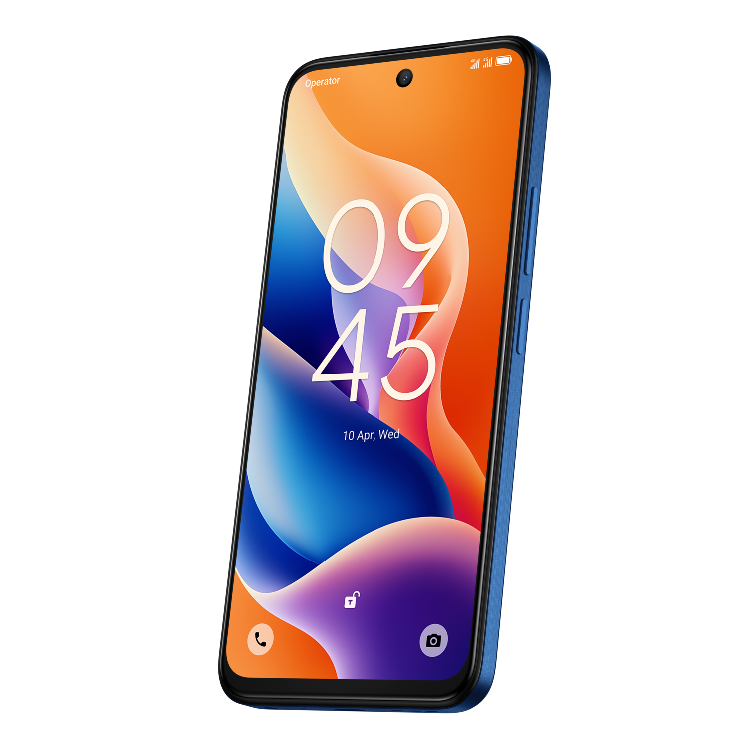 Blauwe telefoon met scherm met tijd, datum en kleurrijke achtergrond. Zwarte achtergrond.