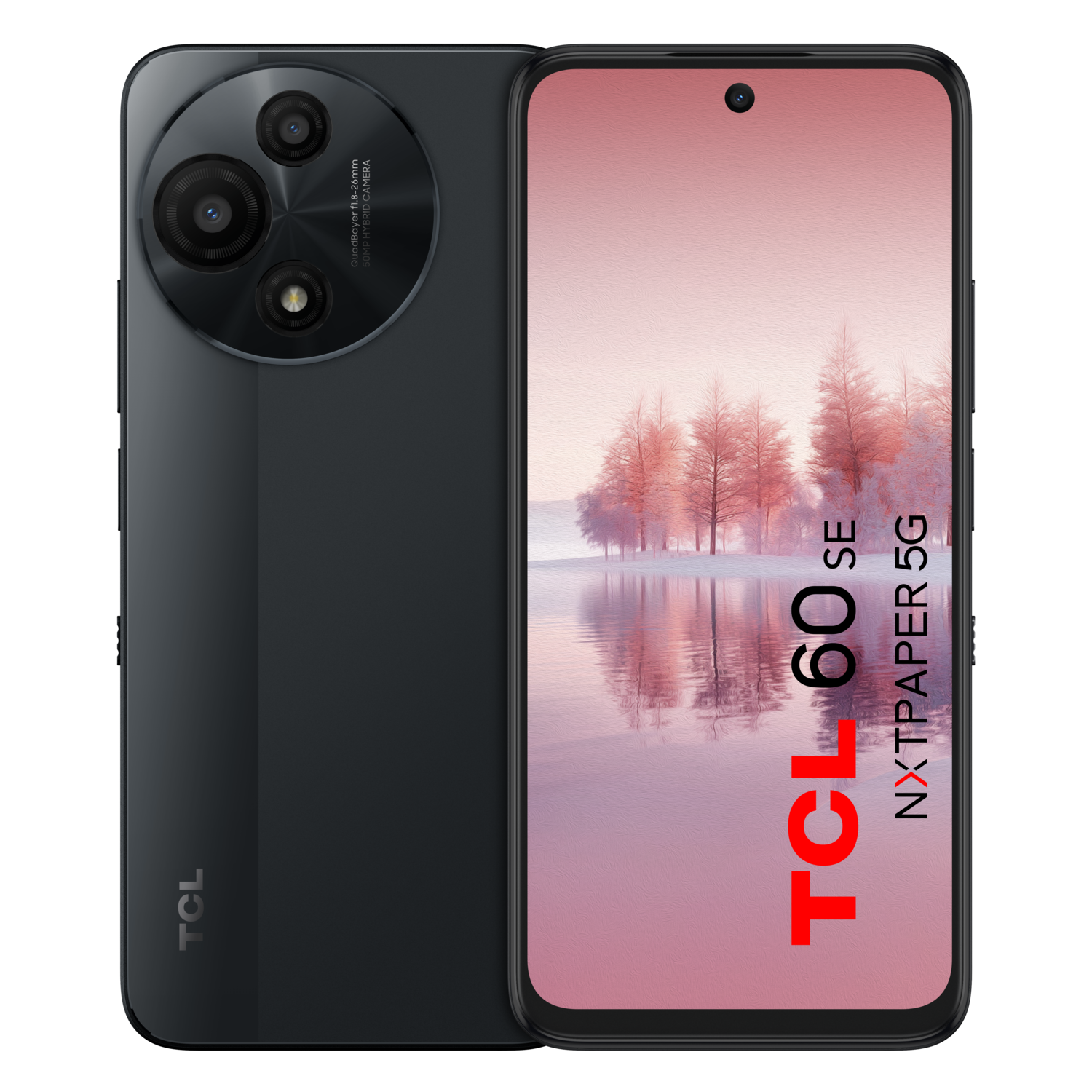 Zwarte smartphone met camera-array, schermweergave. TCL NXTpaper 5G. Zwarte achtergrond.
