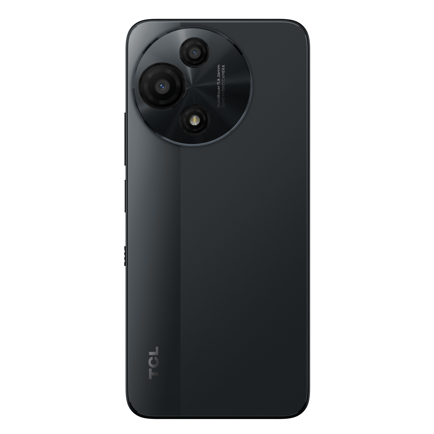Zwarte smartphone met camera-array op de achterkant. Zwarte achtergrond.