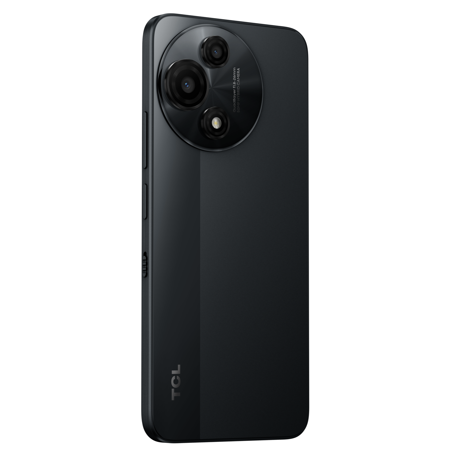 Zwarte smartphone met camera-array op de achterkant. Zwarte achtergrond.