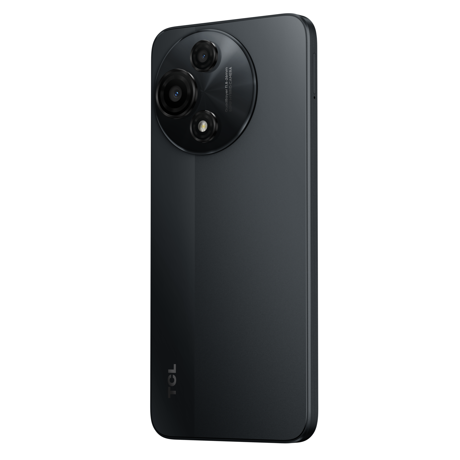 Zwarte smartphone met camera-array op de achterkant. Zwarte achtergrond.