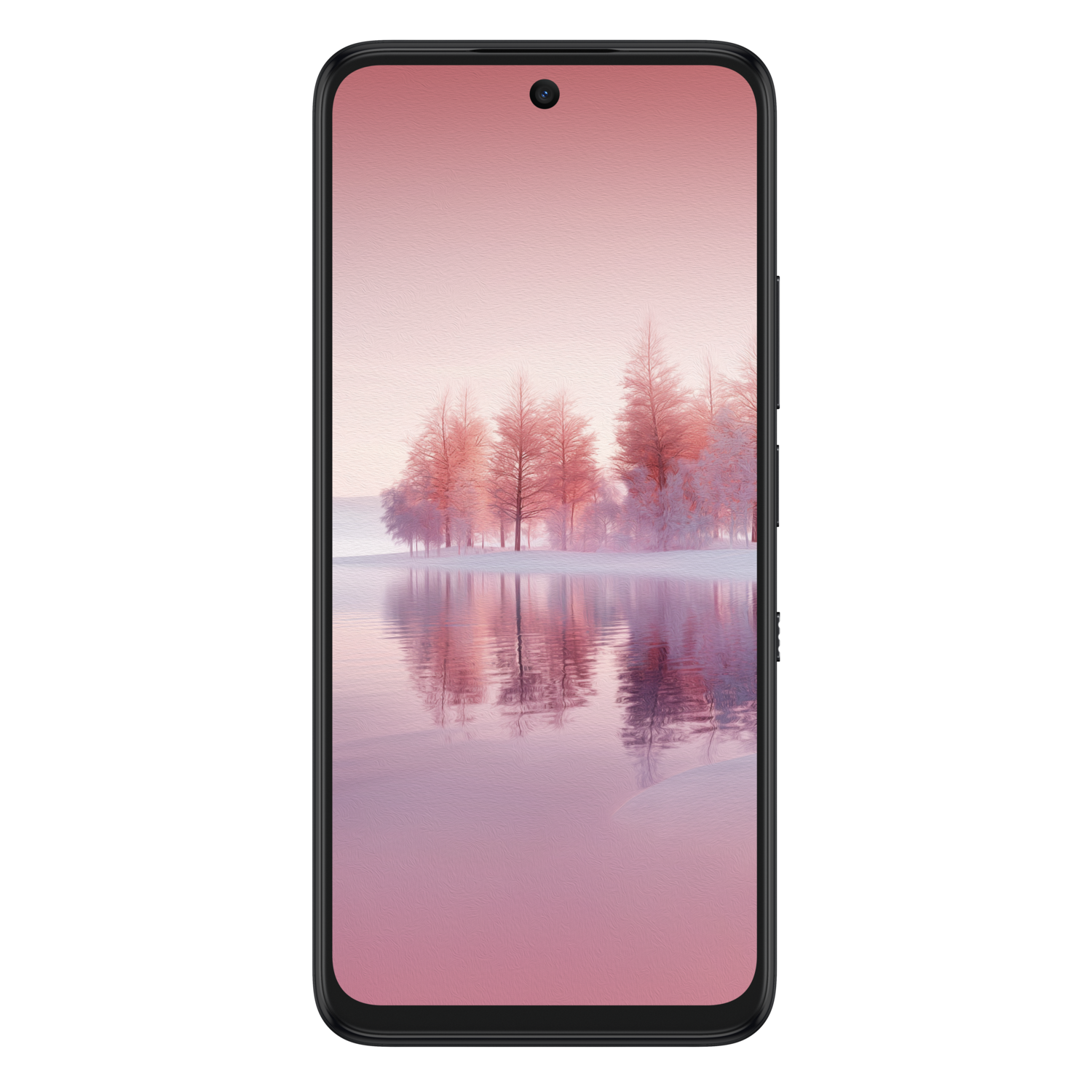 Smartphone met scherm met roze, besneeuwde bomen en een meer. Zwarte achtergrond.