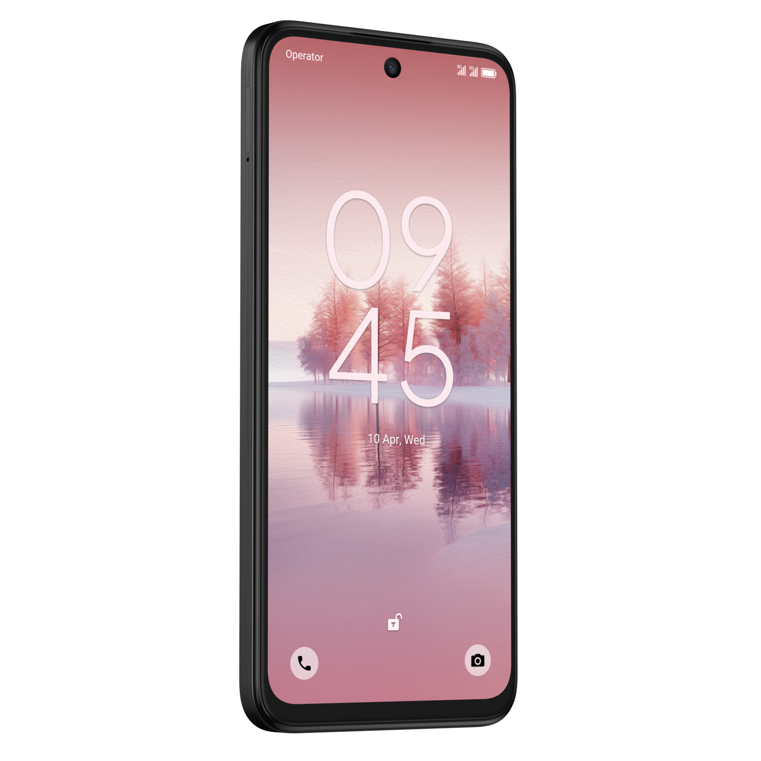 Smartphone, zwart frame, roze achtergrond met klok en landschap. Zwarte achtergrond.