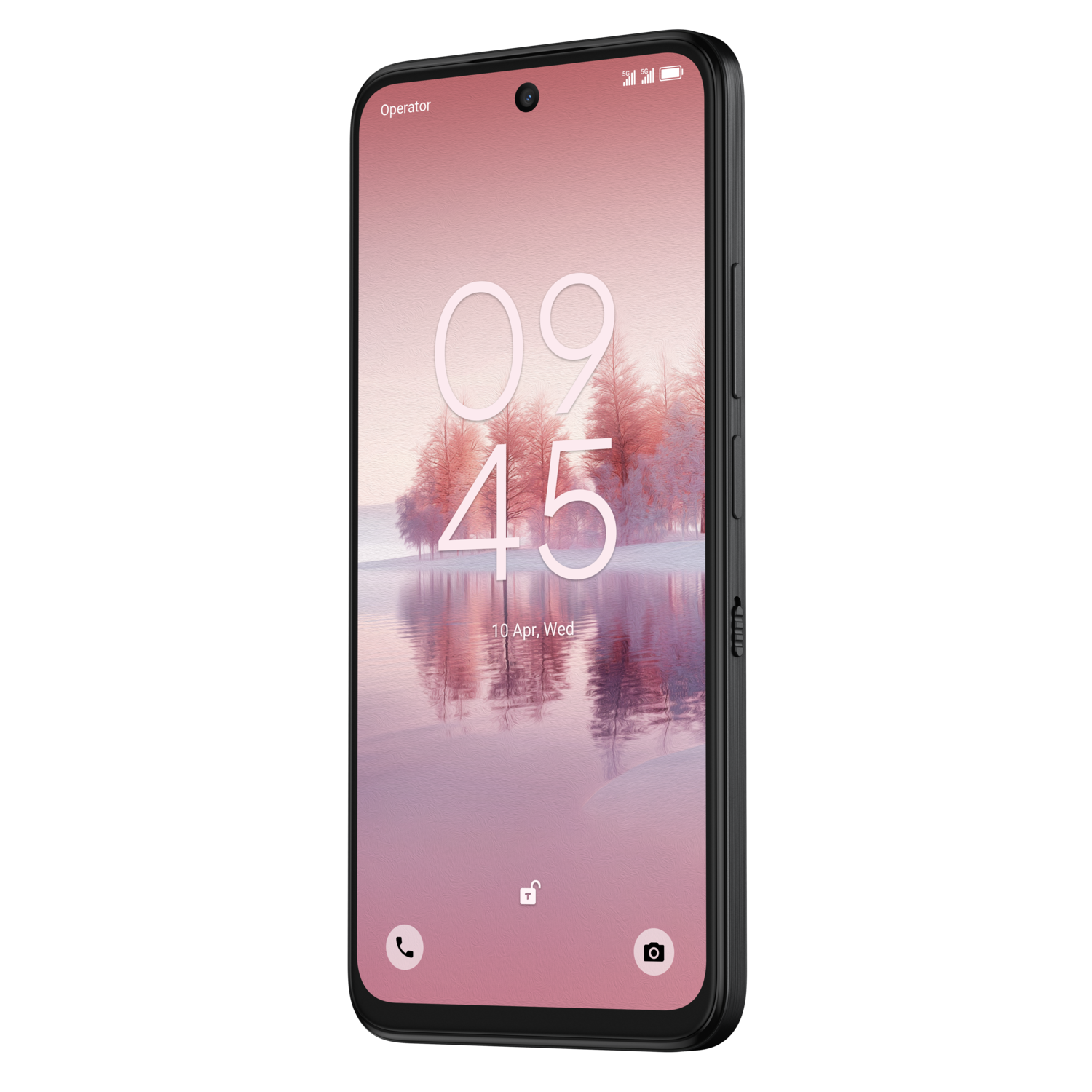 Smartphone, zwart frame, roze achtergrond met klok en landschap. Zwarte achtergrond.
