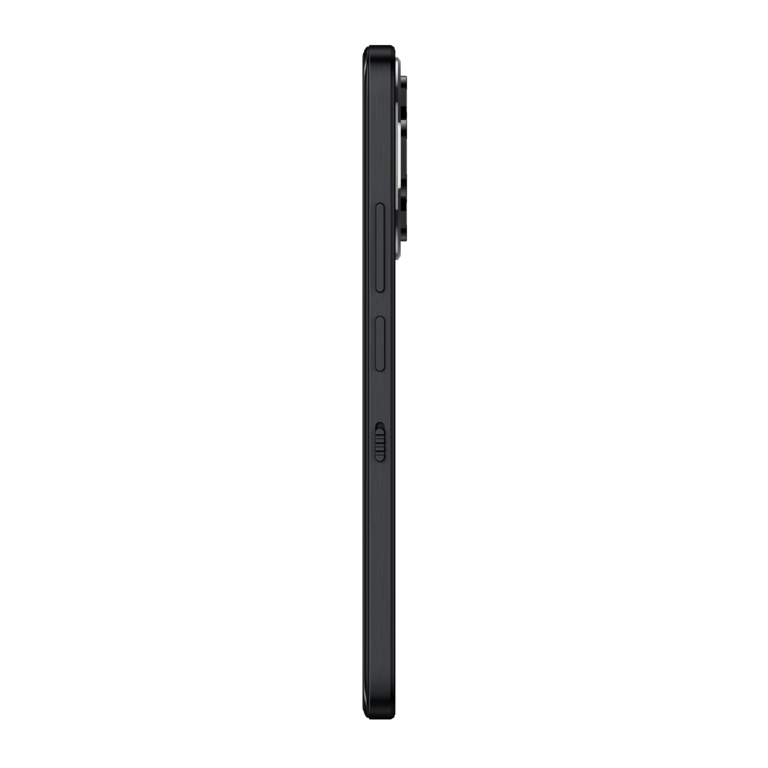 Zijaanzicht smartphone. Zwart frame. Zwarte achtergrond.