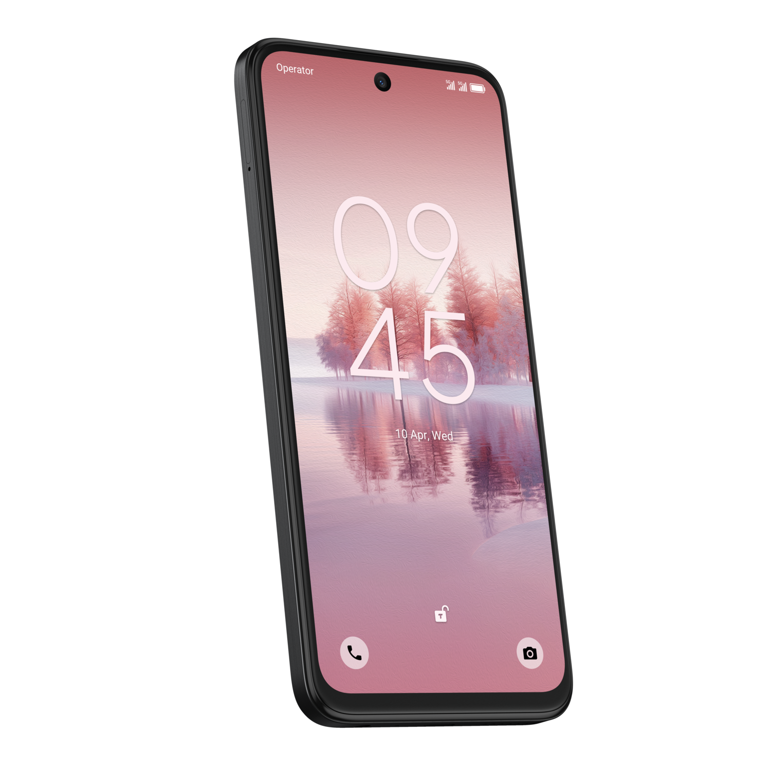 Smartphone, zwart frame, roze achtergrond met klok en landschap. Zwarte achtergrond.