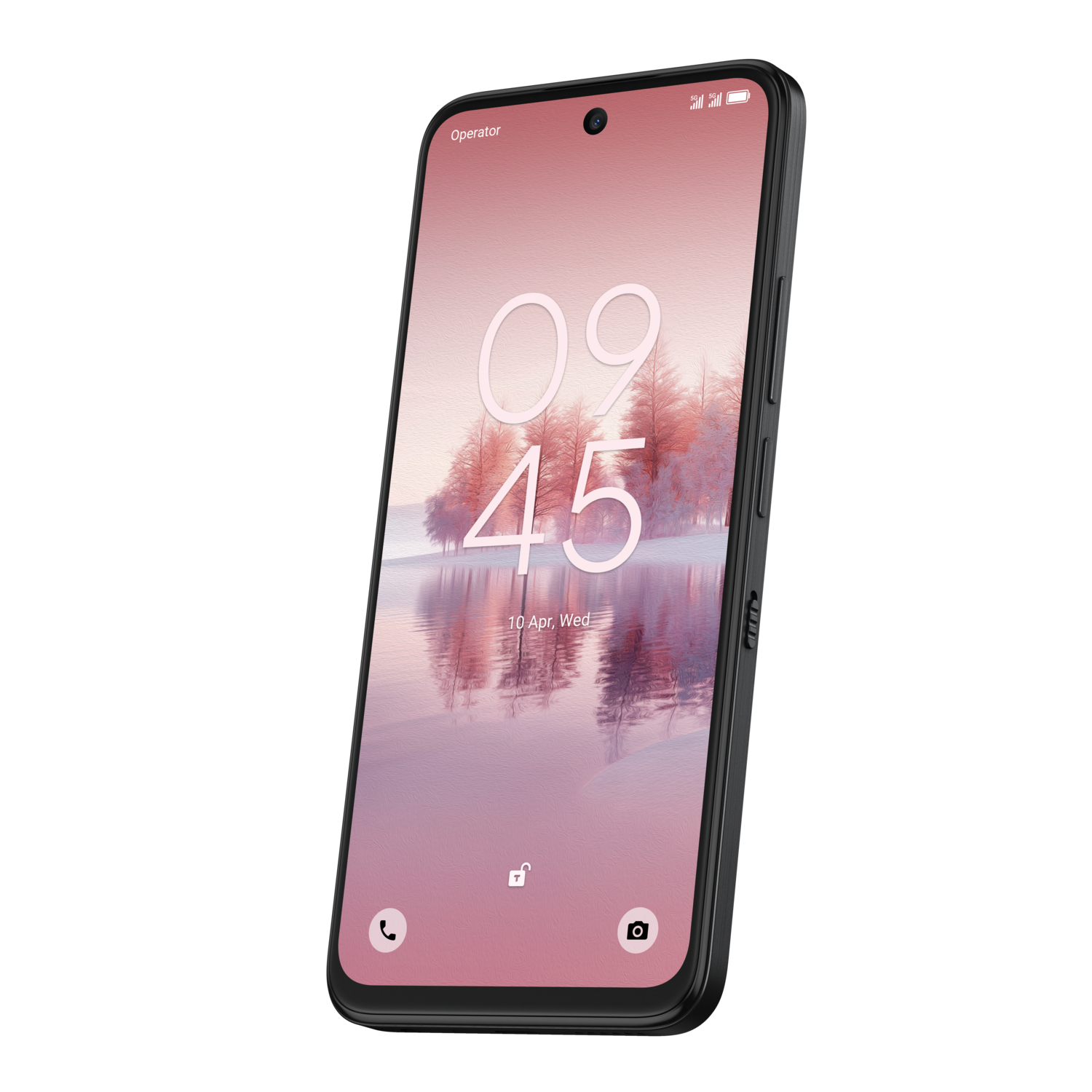 Smartphone, zwart frame, roze achtergrond met klok en landschap. Zwarte achtergrond.