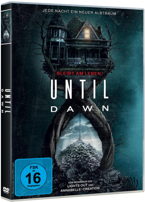 DVD-Cover von Until Dawn. Ein Spukhaus auf einem Baum, mit dunklem Hintergrund und weißem Titel.