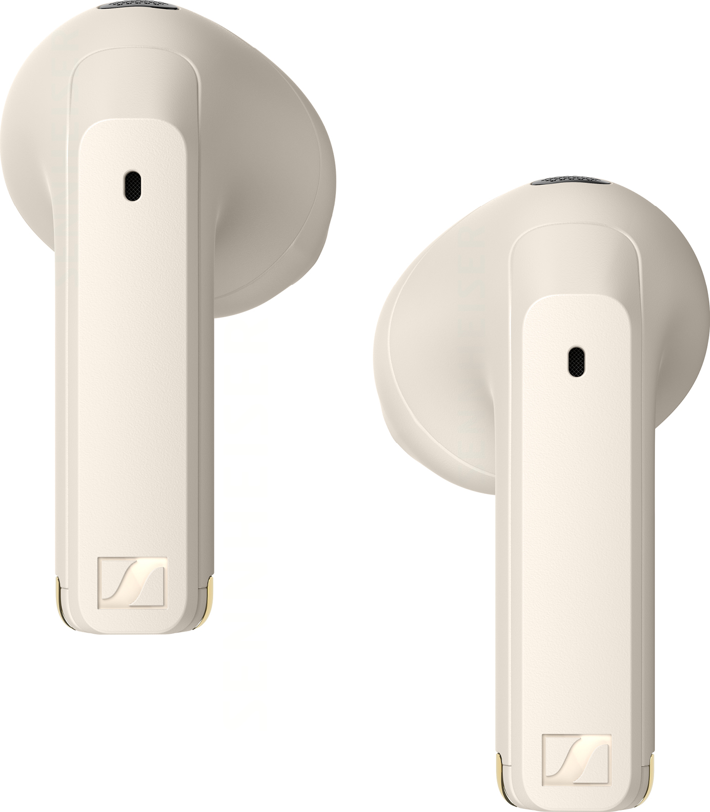 Deux écouteurs sans fil crème, fond blanc. Écouteurs avec un détail doré.