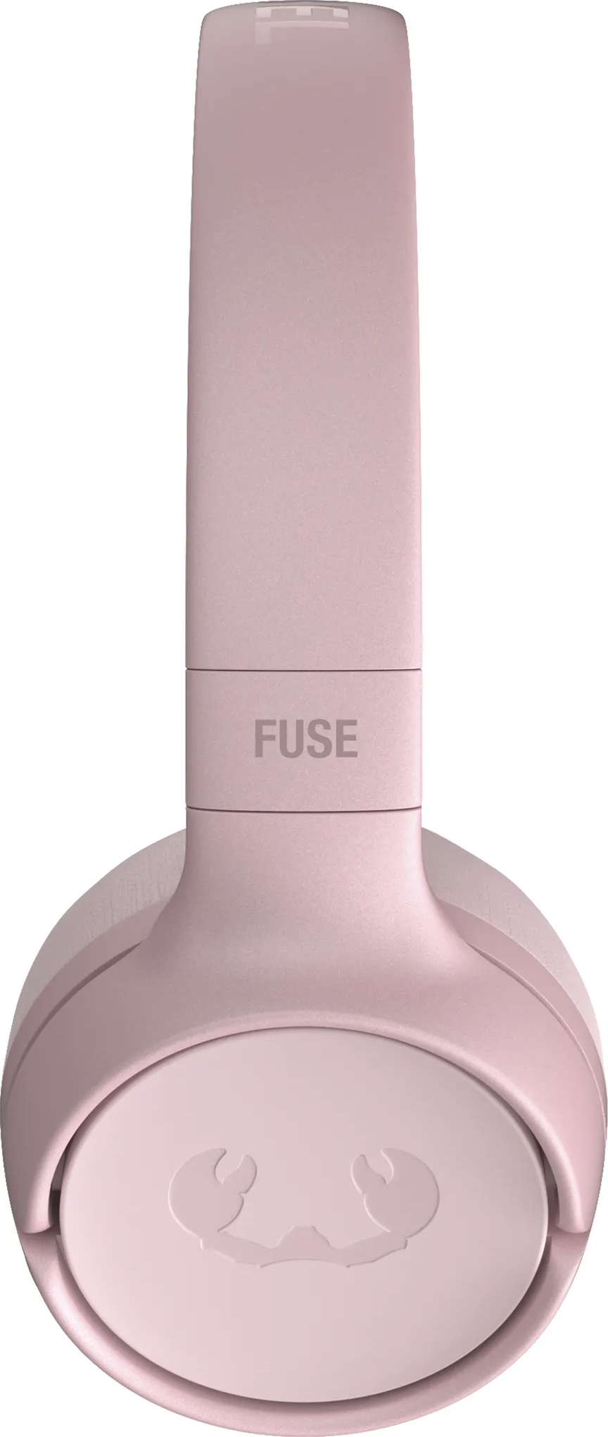 Cuffie rosa in vista verticale. FUSE scritto in alto. Logo granchio sul padiglione.