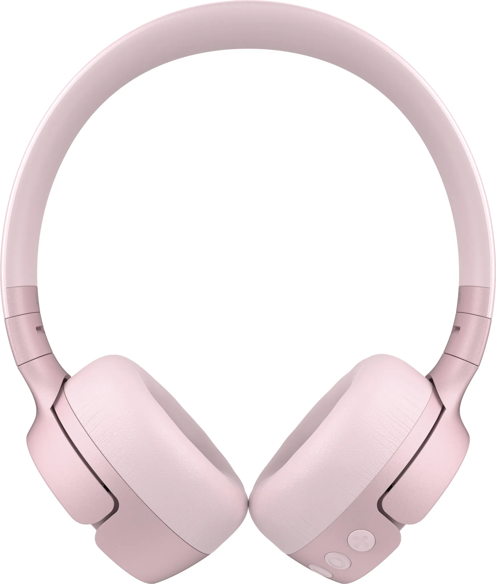 Cuffie rosa vista frontale su sfondo bianco. I padiglioni sono collegati da una fascia.