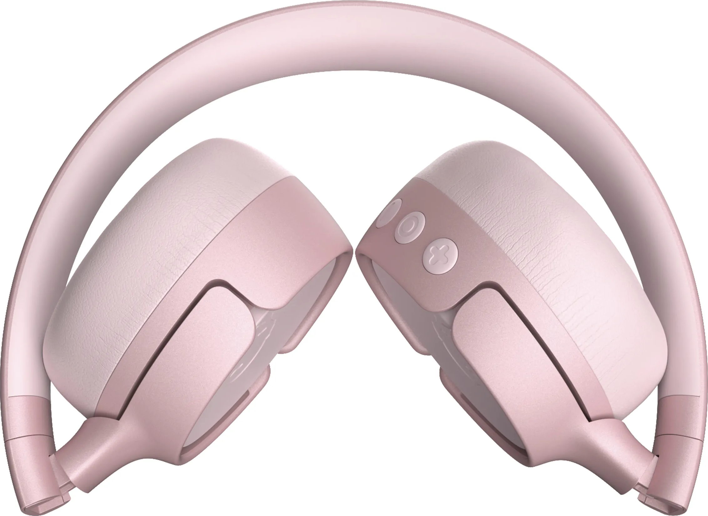 Cuffie rosa, piegate. Padiglioni e fascia visibili. Pulsanti sul padiglione.