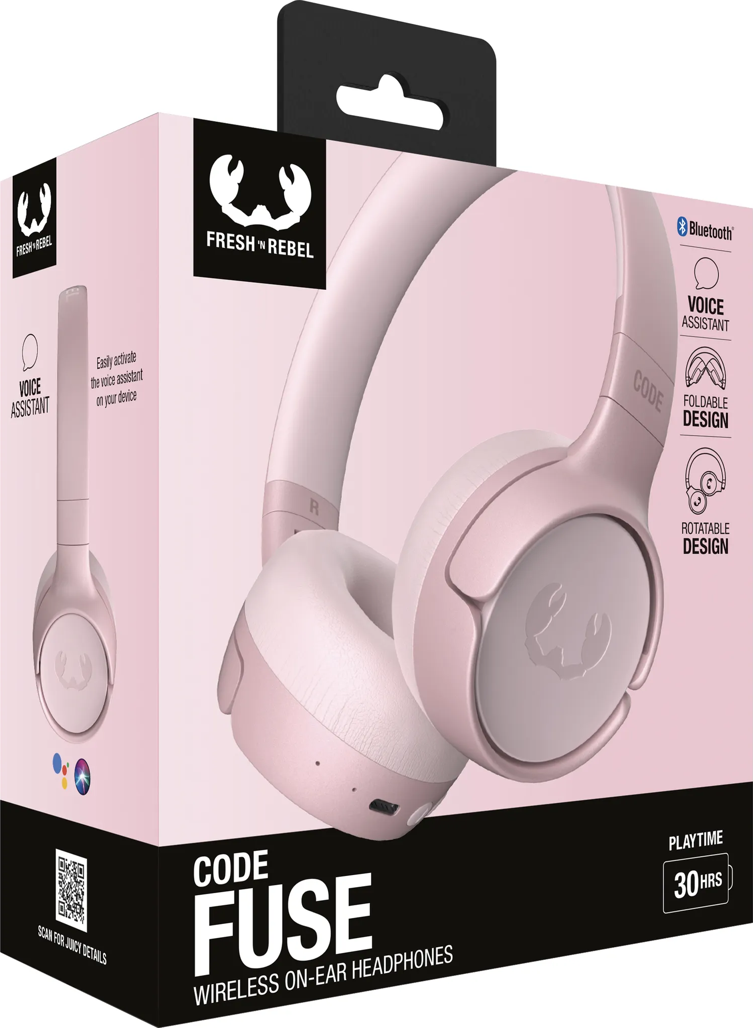 Scatola di cuffie rosa. Mostra cuffie e caratteristiche: assistente vocale e design pieghevole.