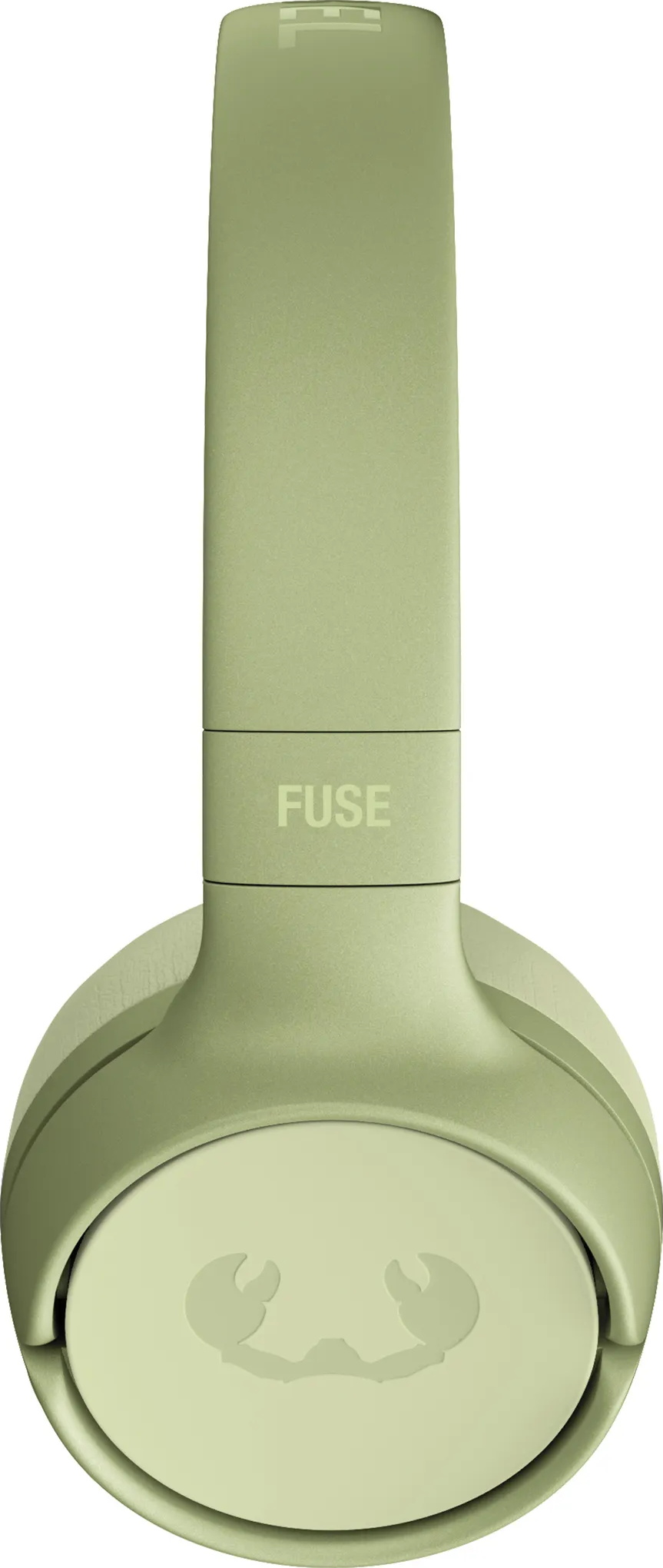 Cuffie verdi in vista verticale. FUSE scritto sopra. Logo granchio sul padiglione.