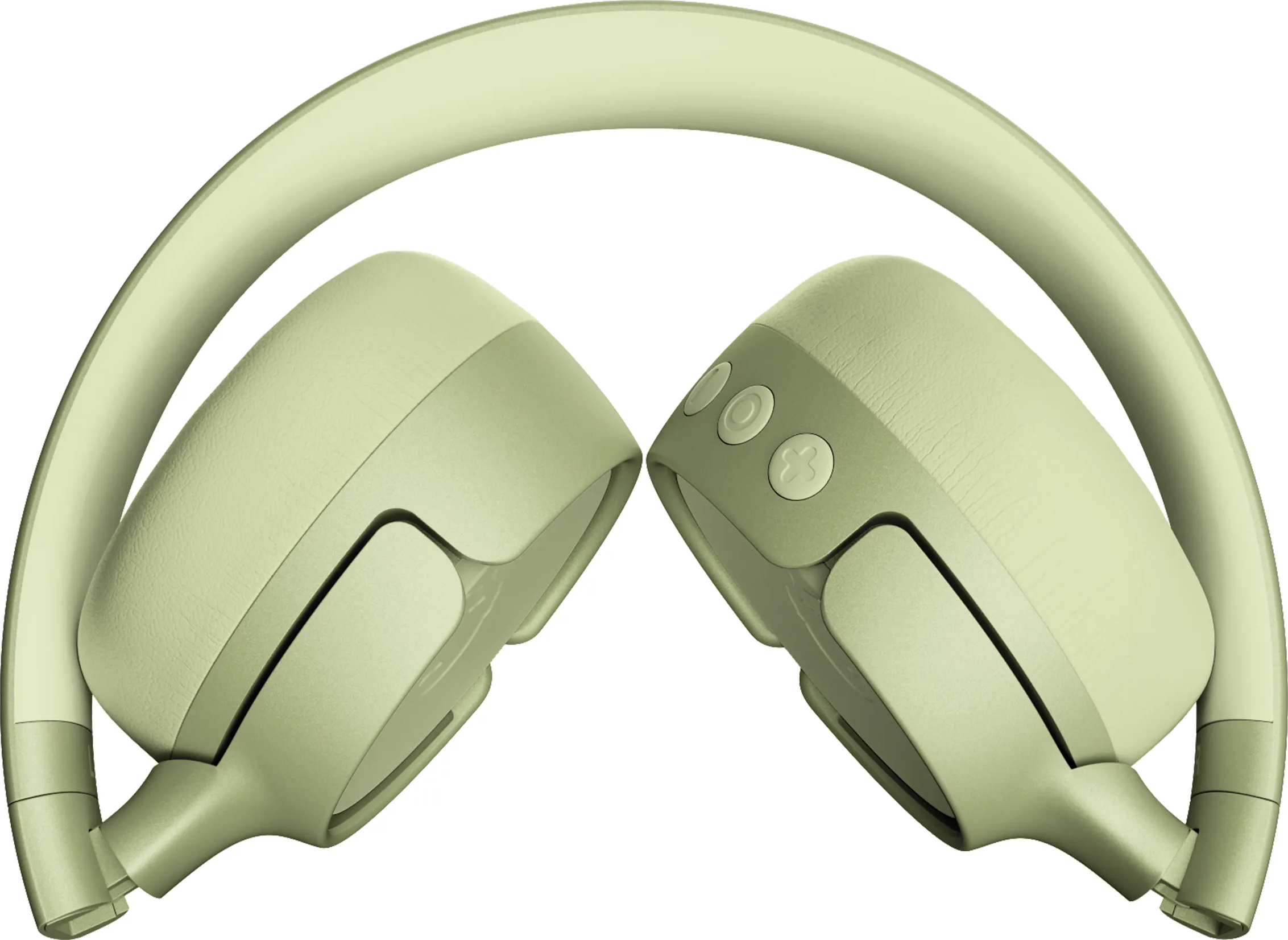 Cuffie verde chiaro piegate. Pulsanti visibili. L'archetto è arcuato.