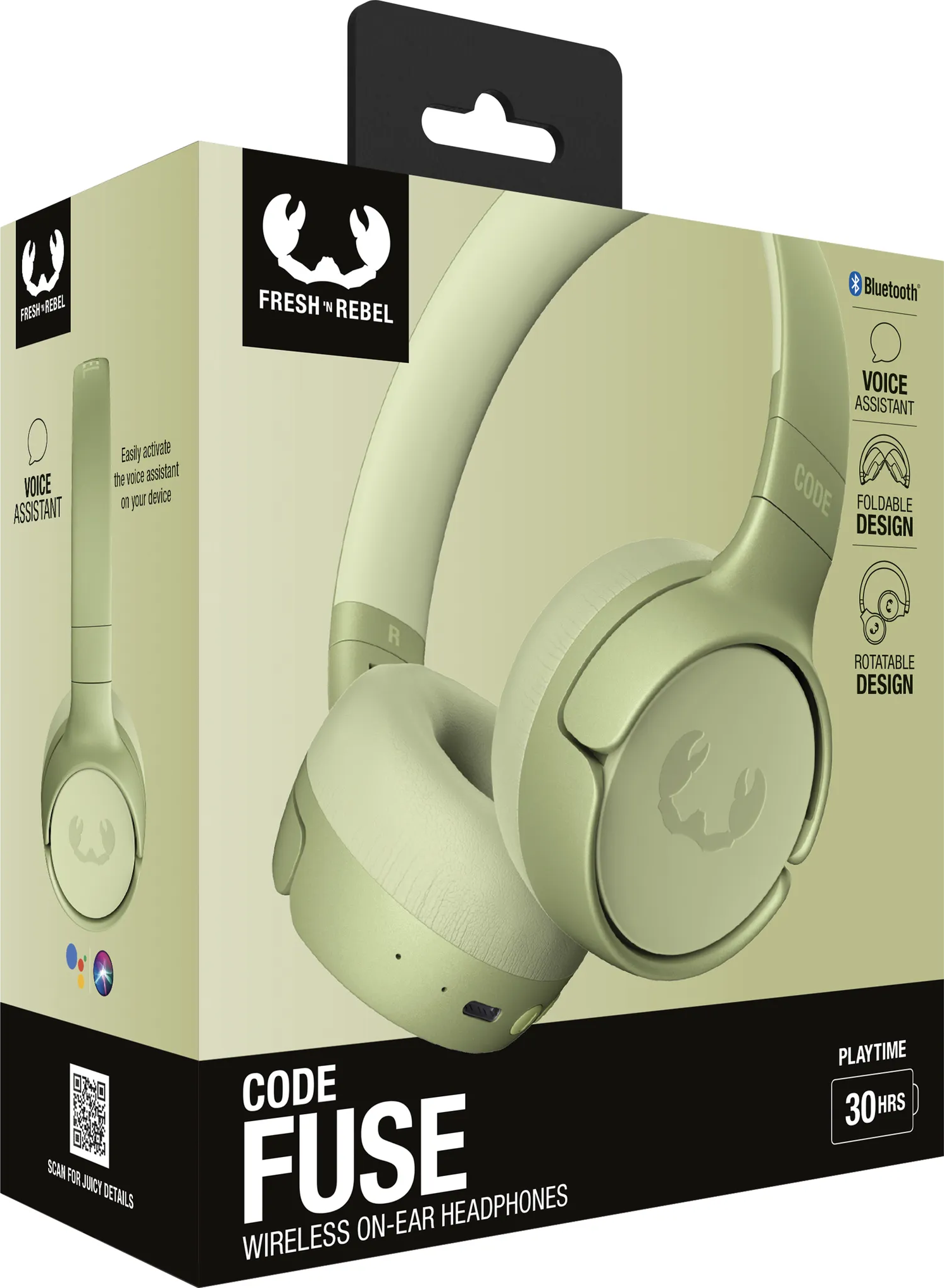 Scatola cuffie. Le cuffie sono verde chiaro. Testo include CODE FUSE e logo FRESH 'n REBEL.