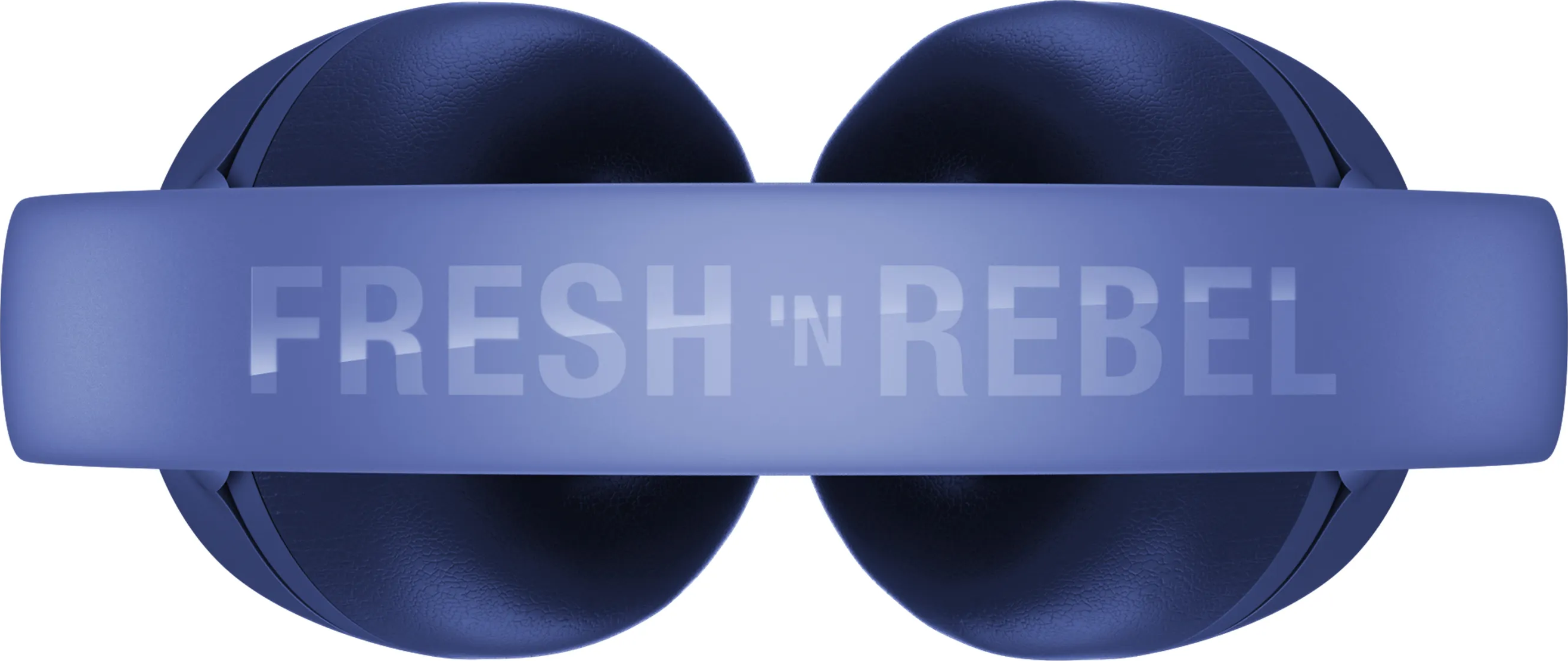 Blaue Kopfhörer, Draufsicht. Die Wörter FRESH 'n REBEL sind sichtbar. Fresh 'n Rebel Logo.
