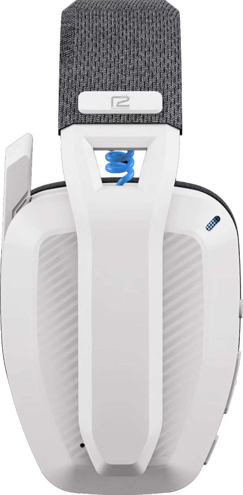 Cuffie da gioco, vista dall'alto. Bianco e grigio con accenti blu. Il logo del marchio è visibile.