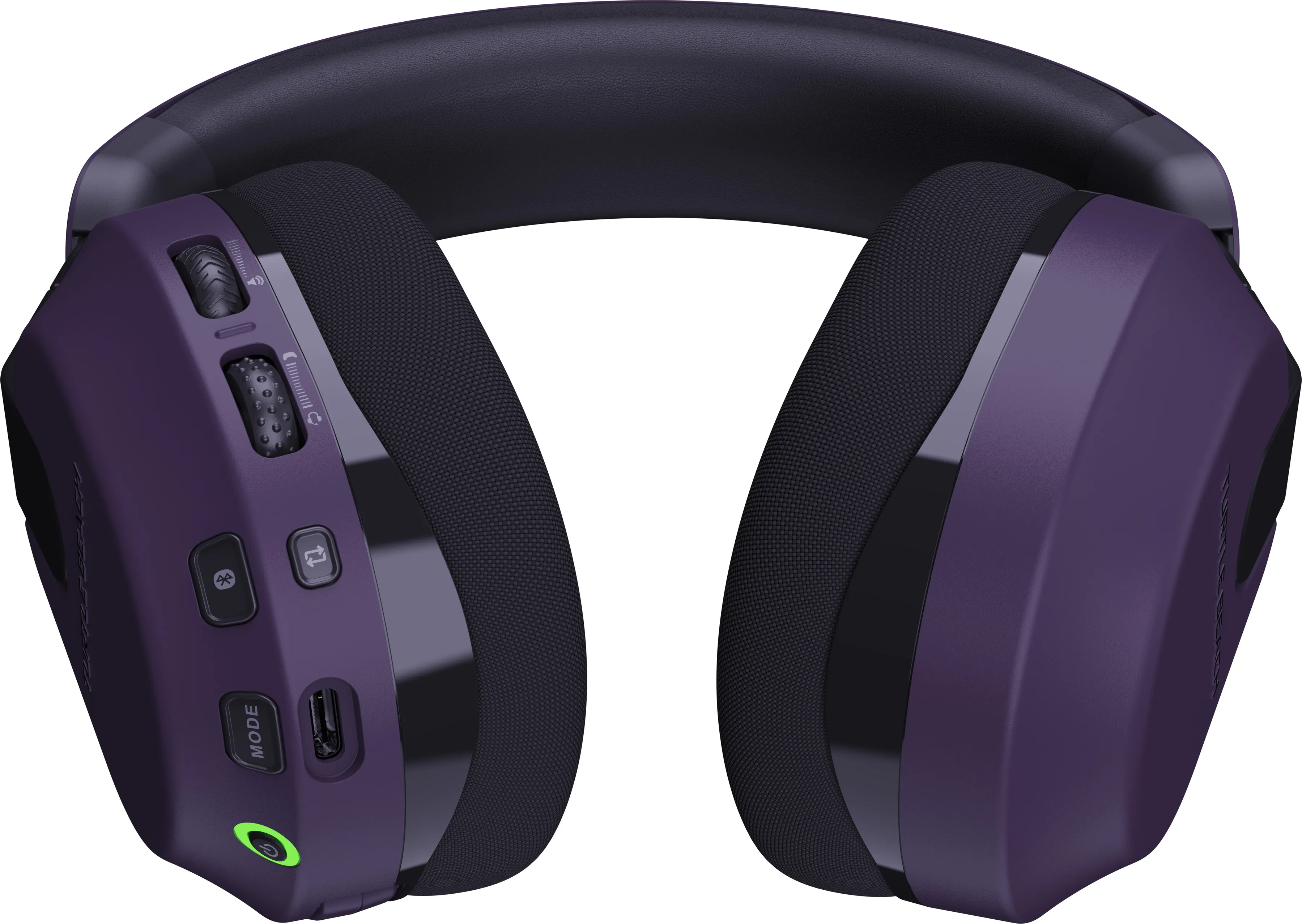 Draufsicht auf ein lila-schwarzes Turtle Beach Gaming-Headset. Bedienelemente sind sichtbar.
