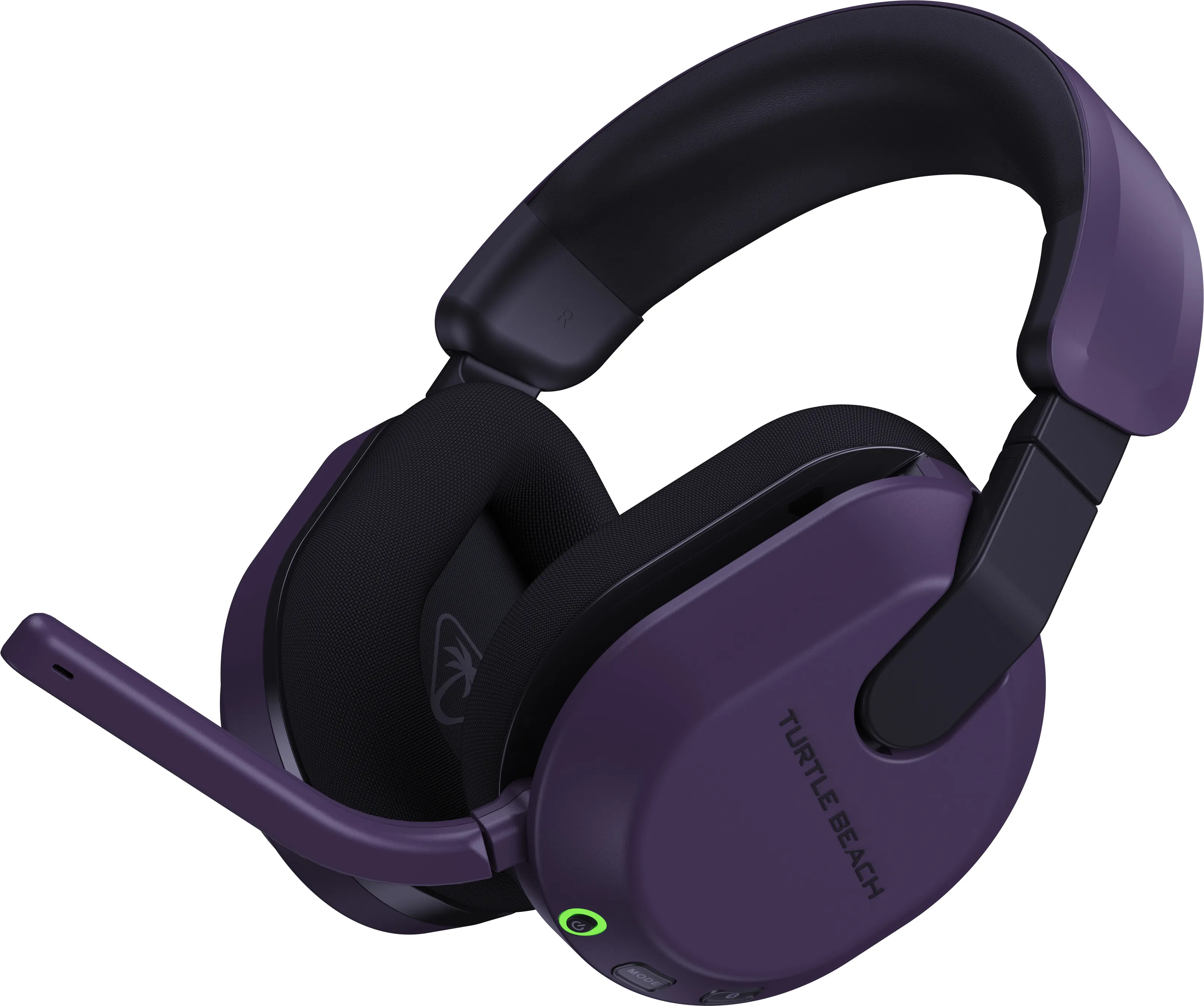 Lila-schwarzes Turtle Beach Gaming-Headset mit Mikrofon. Turtle Beach Logo auf der rechten Ohrmuschel.