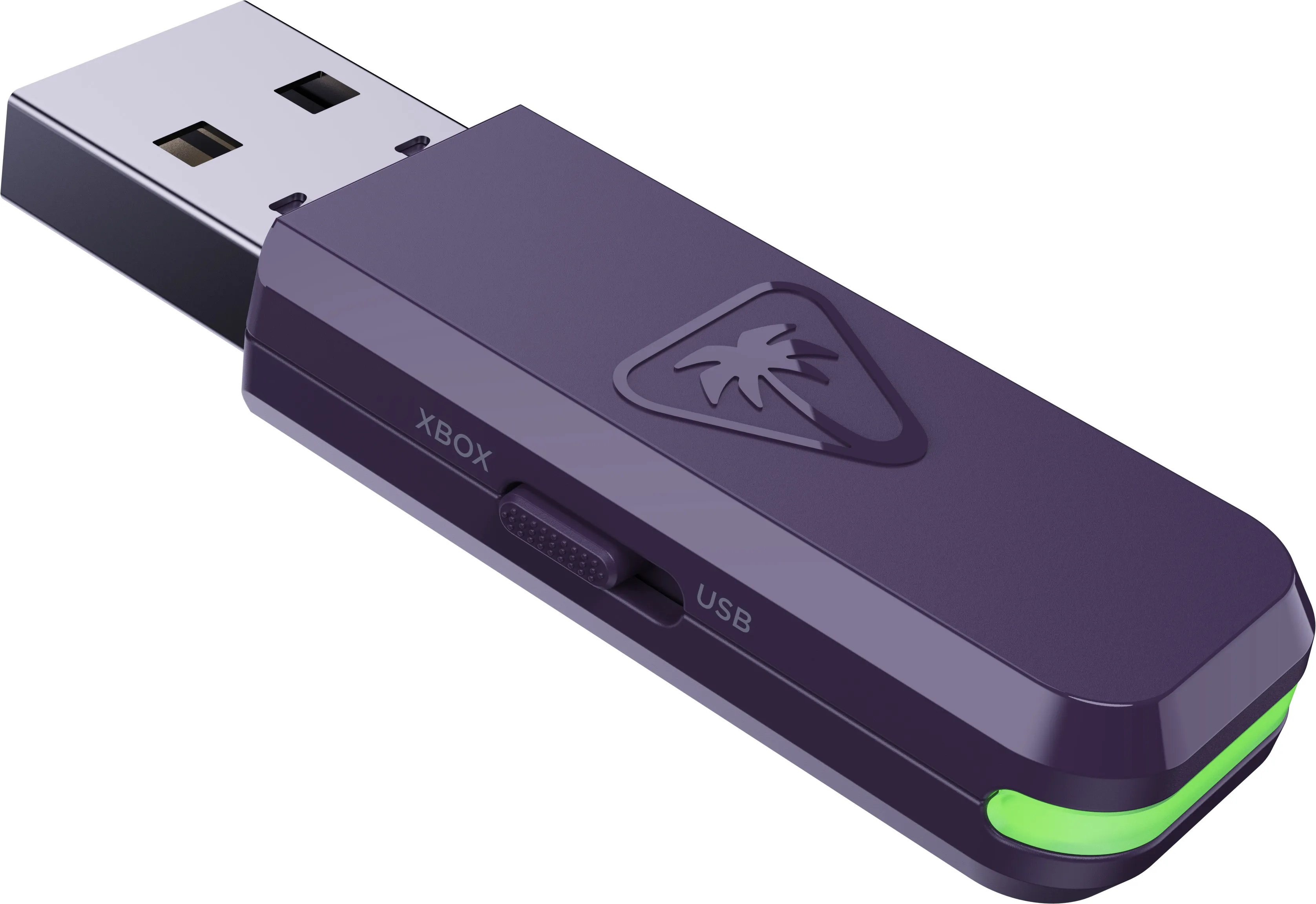 Lila USB-Dongle mit dem Turtle Beach-Logo und einem Schalter mit der Aufschrift Xbox und USB. Grünes Licht.